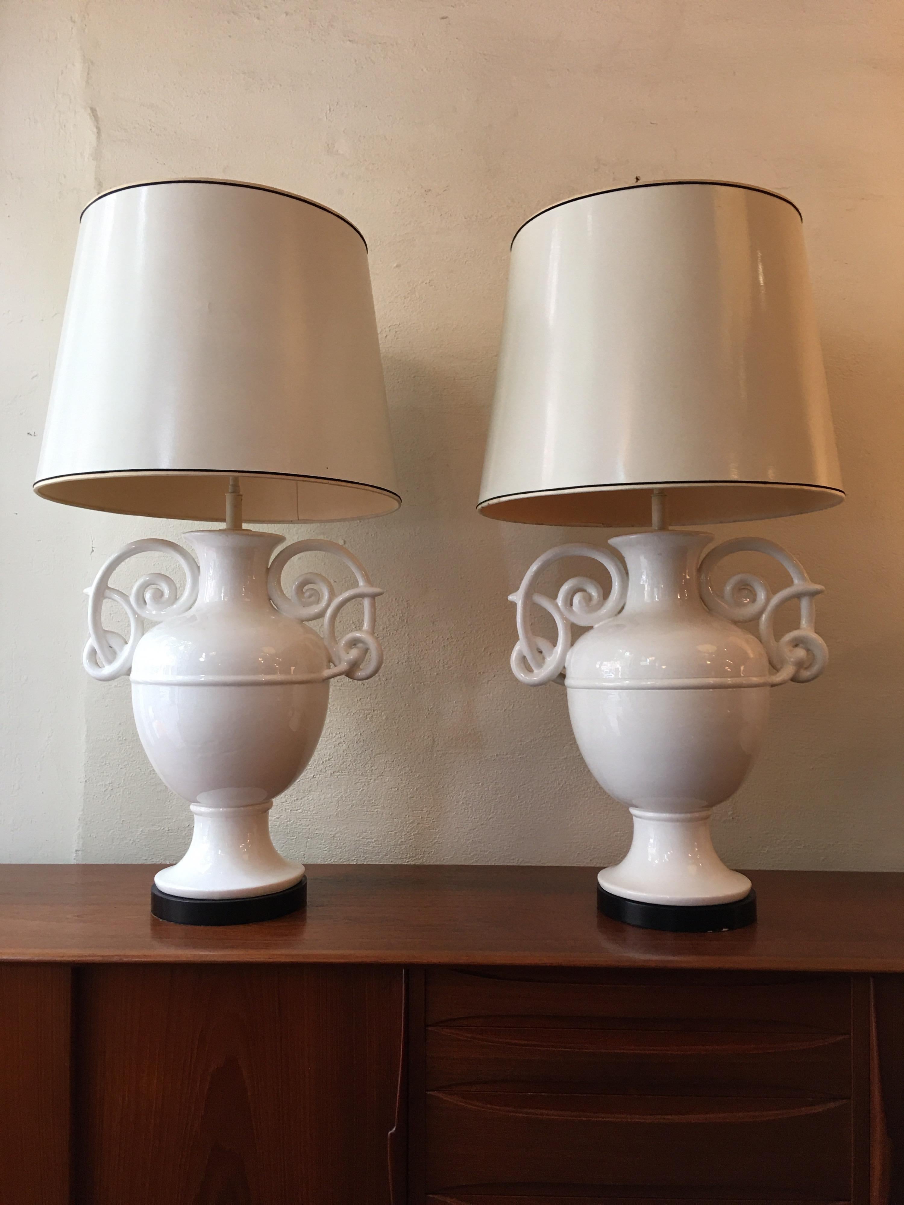 Monumental Ceramic Italian Urn Lamps with Curly Handles/  Style of Giacometti 2