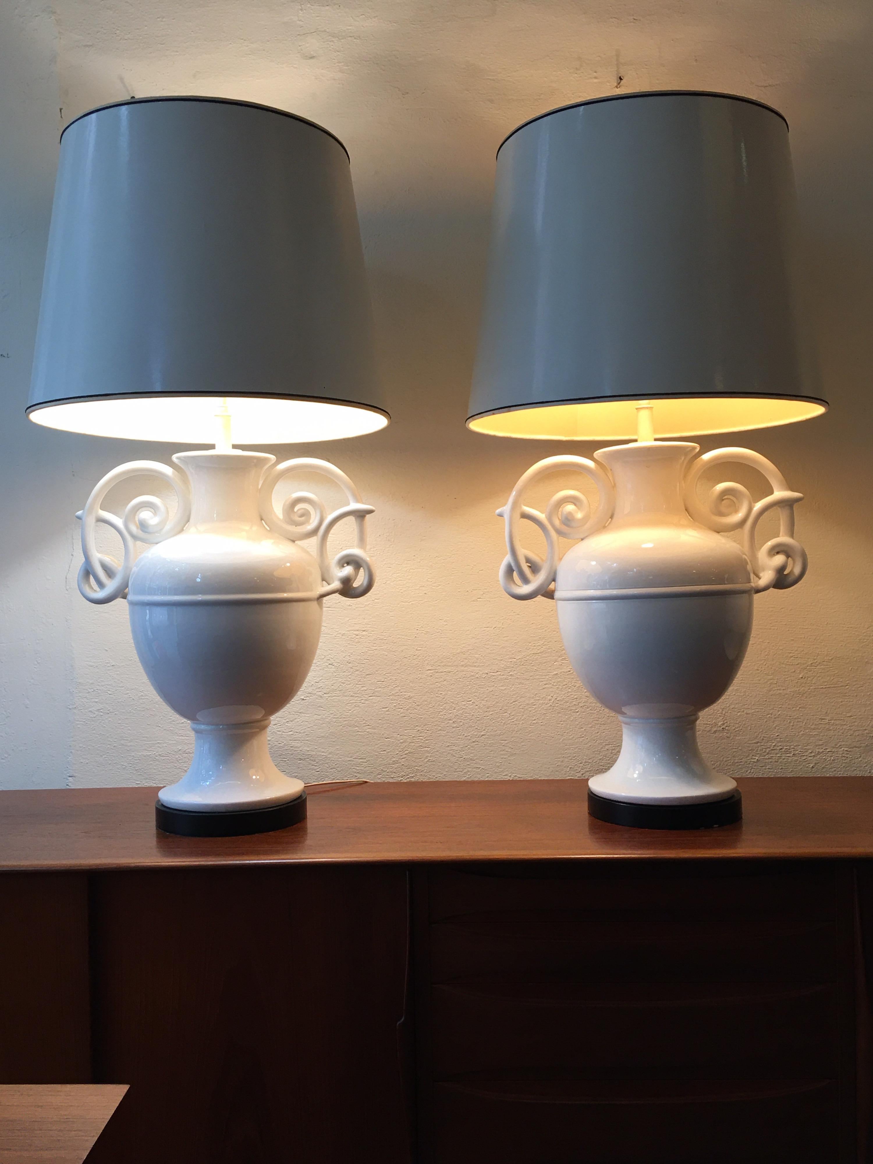 Monumental Ceramic Italian Urn Lamps with Curly Handles/  Style of Giacometti 3