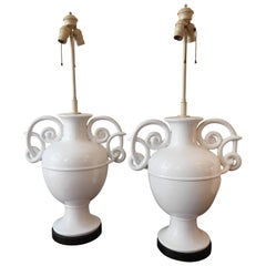Monumental Ceramic Italian Urn Lamps with Curly Handles/  Style of Giacometti