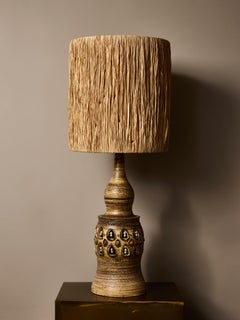 Monumental Ceramic Table Lamp with Raffia Shade by Georges Pelletier
