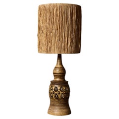 Monumental Ceramic Table Lamp with Raffia Shade by Georges Pelletier