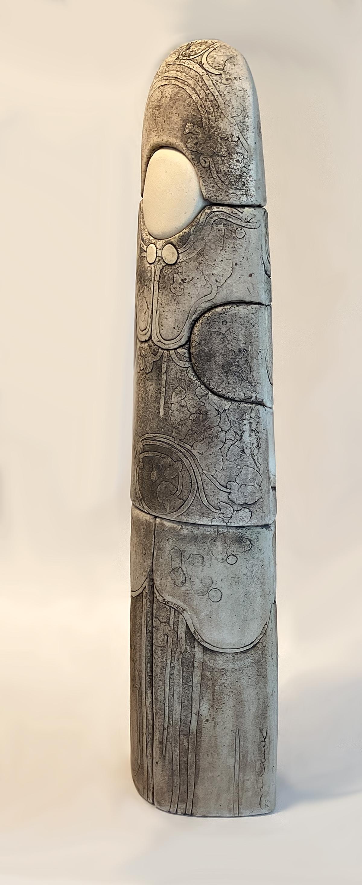 Monumental Ceramic Pottery Sculpture by Antoine de Vinck, France, 1970s. Proudly offered here is a Belgian ceramist Antoine de Vinck (1924-1992) three-piece, wood fired ceramic and sandstone totem, carved with deep relief of assembled, glazed clay