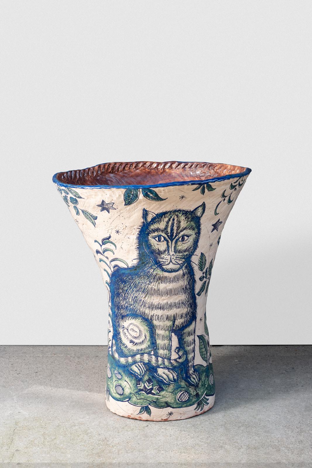 Français Vase monumental en céramique à décor de chat par Jérôme Galvin, 2020 en vente