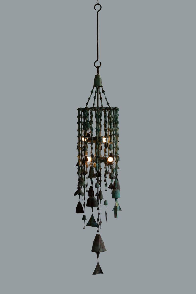 Monumental Chandelier Hand-Crafted by Architect Paolo Soleri,Brutalist Design. Bronze Cast from the Arcosanti
foundry Yavapai County, Arizona 1975 Features multiple wind bells and Sculptural designs, Arcosanti medallion on one of the strands (shown