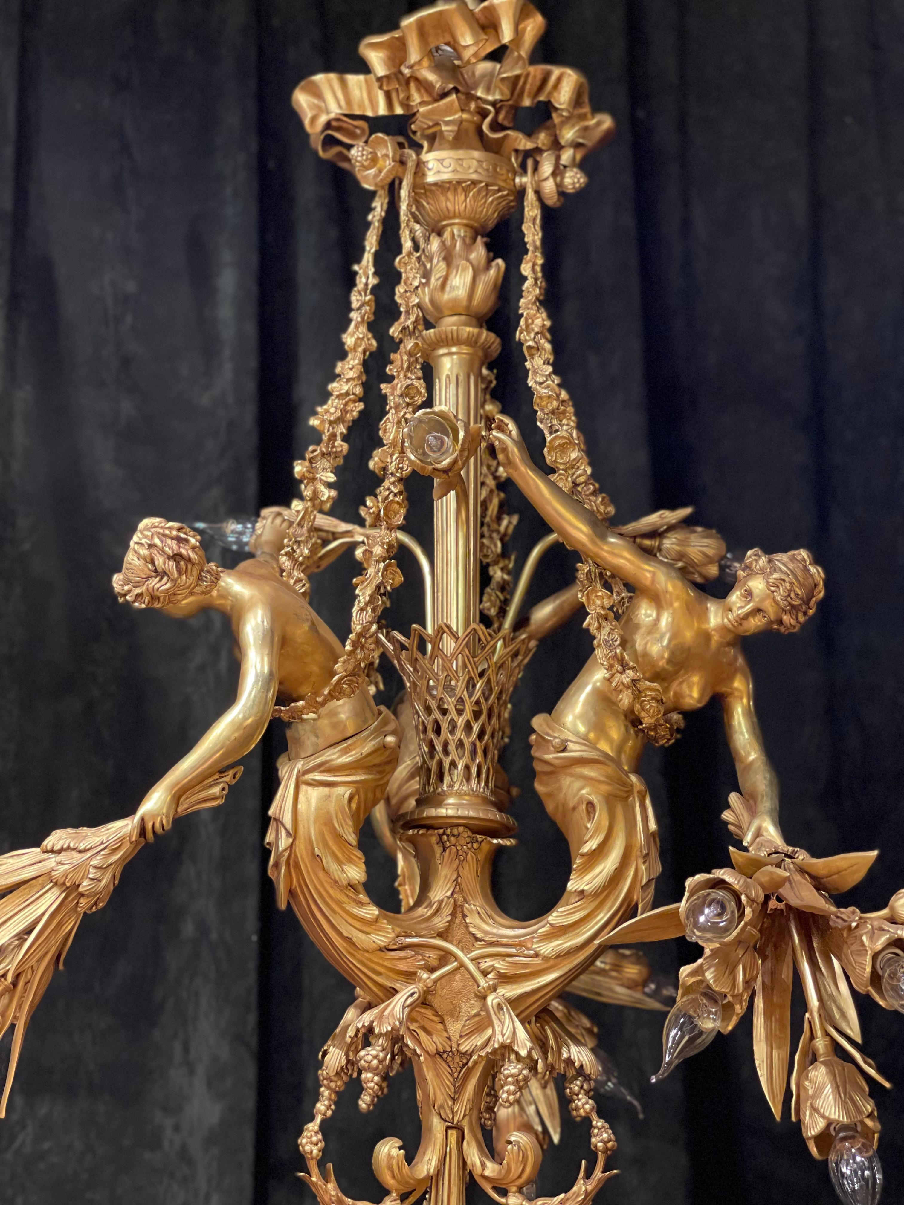 Monumental Chandelier in Louis XVI Style, Solid Bronze, Gilt, Unique For Sale 4