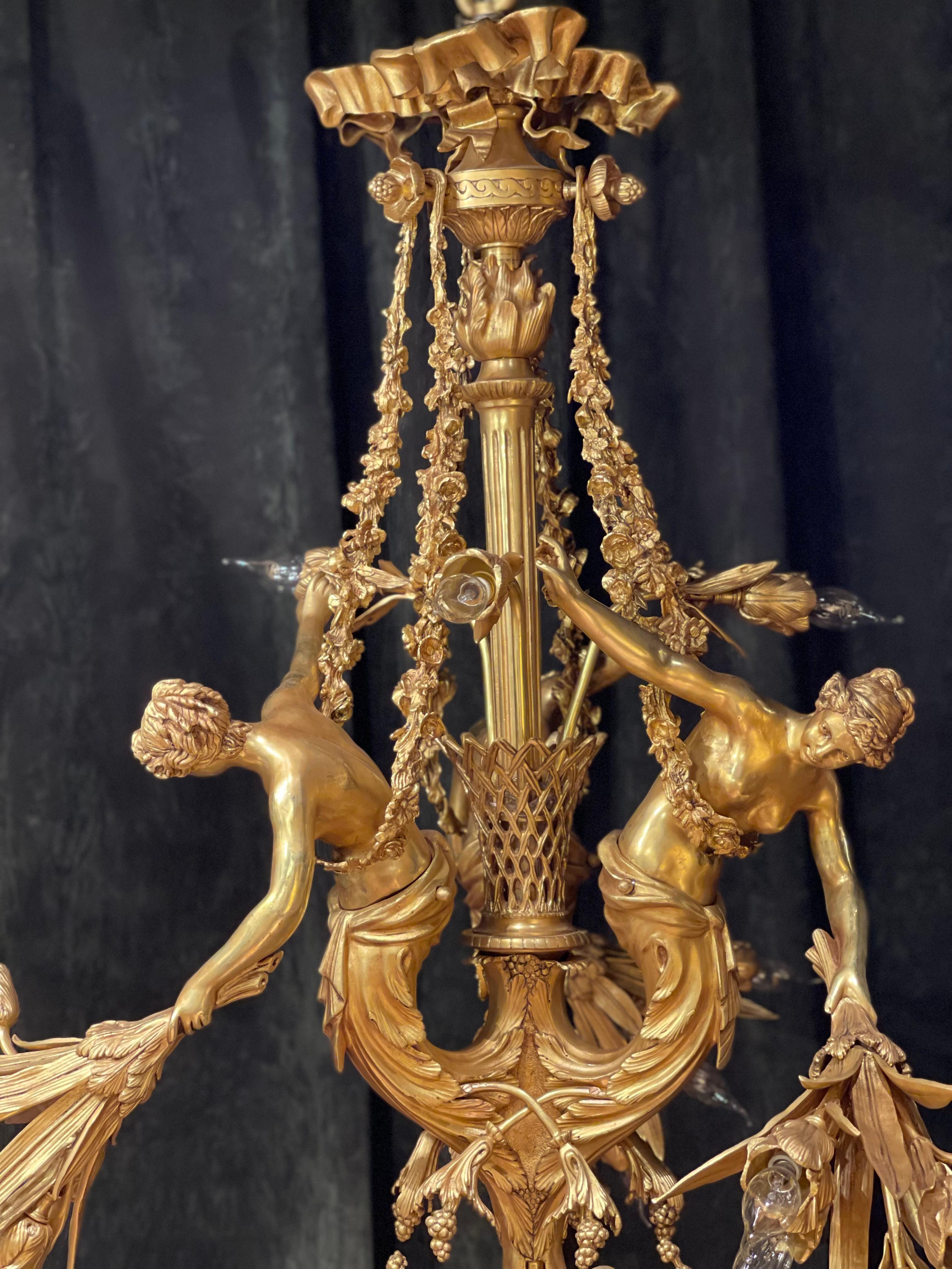 Monumental Chandelier in Louis XVI Style, Solid Bronze, Gilt, Unique For Sale 5