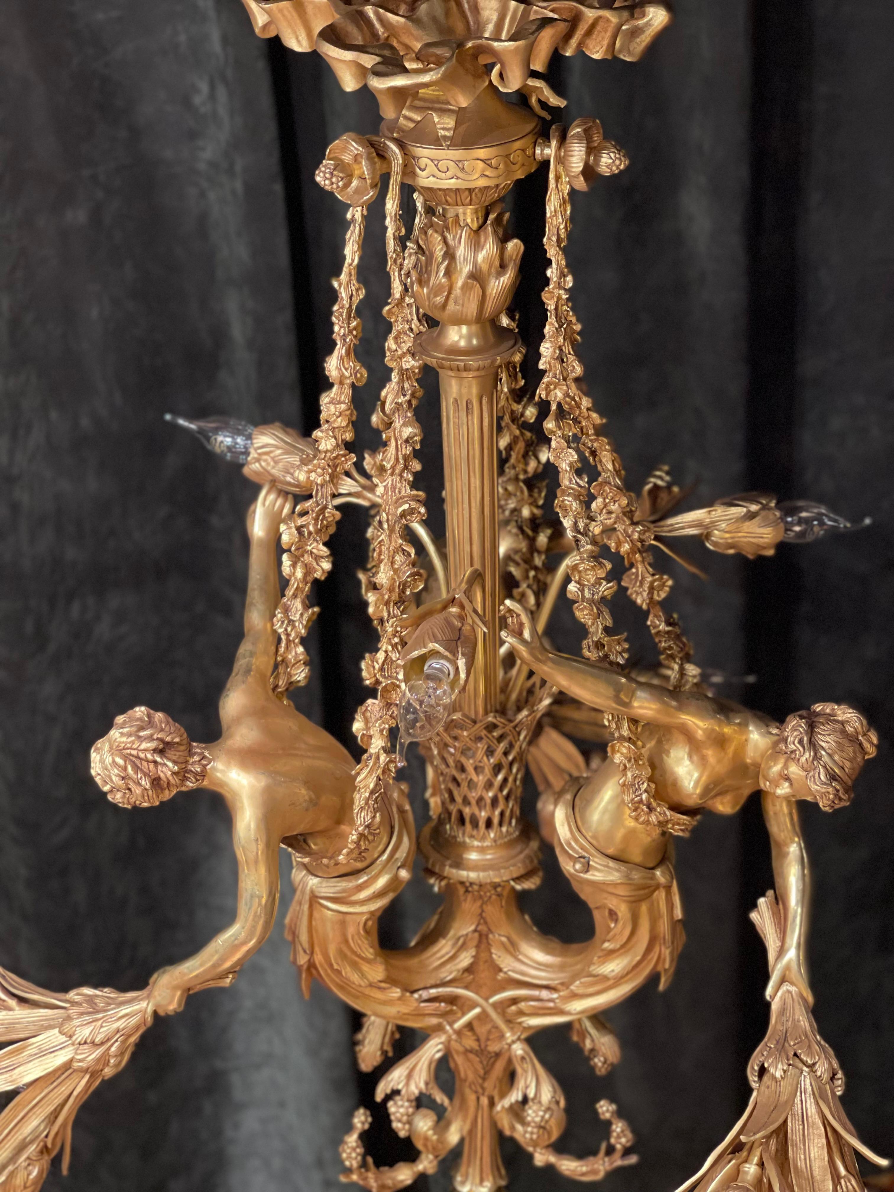 Monumental Chandelier in Louis XVI Style, Solid Bronze, Gilt, Unique For Sale 6