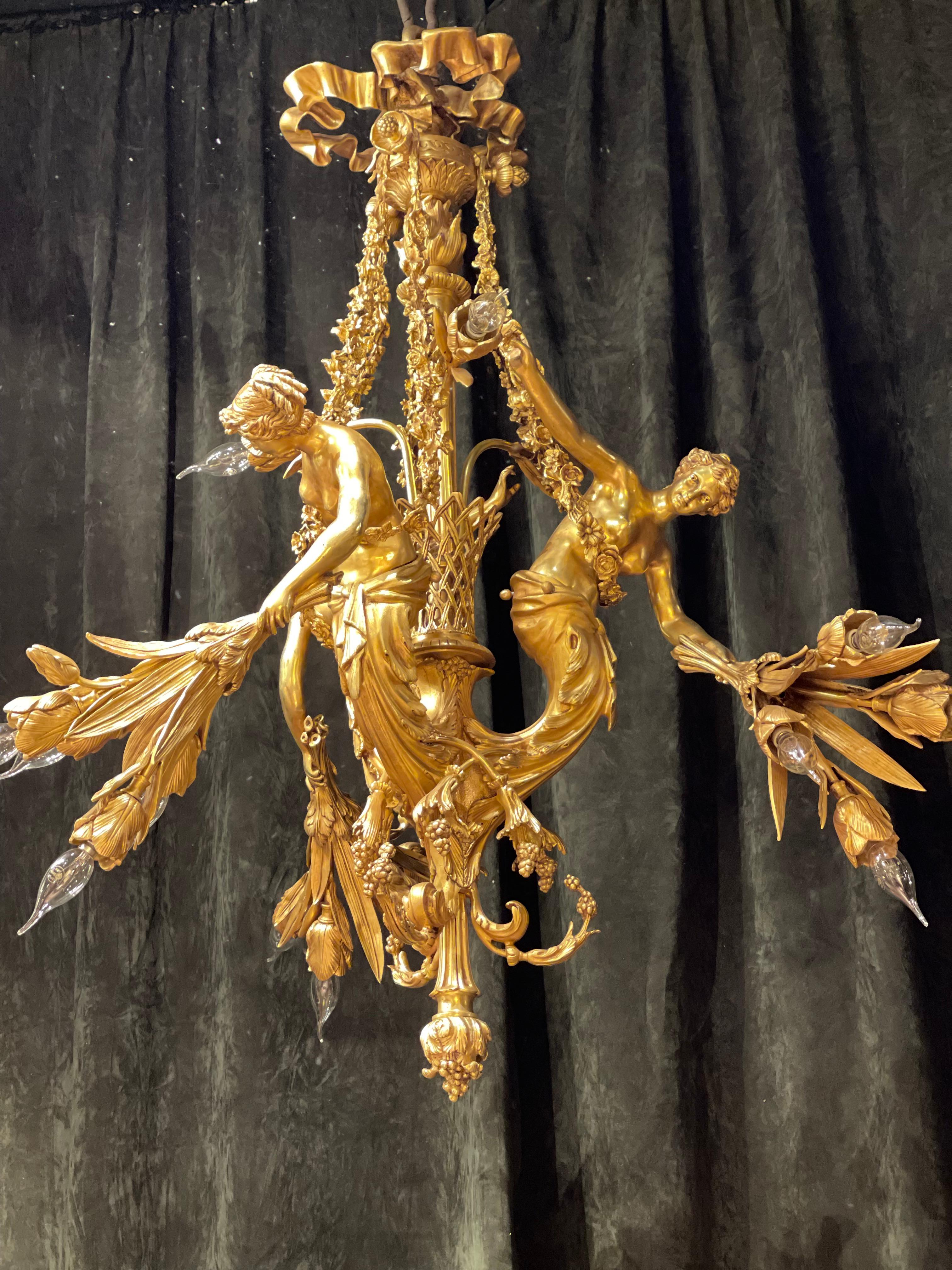 French Monumental Chandelier in Louis XVI Style, Solid Bronze, Gilt, Unique For Sale
