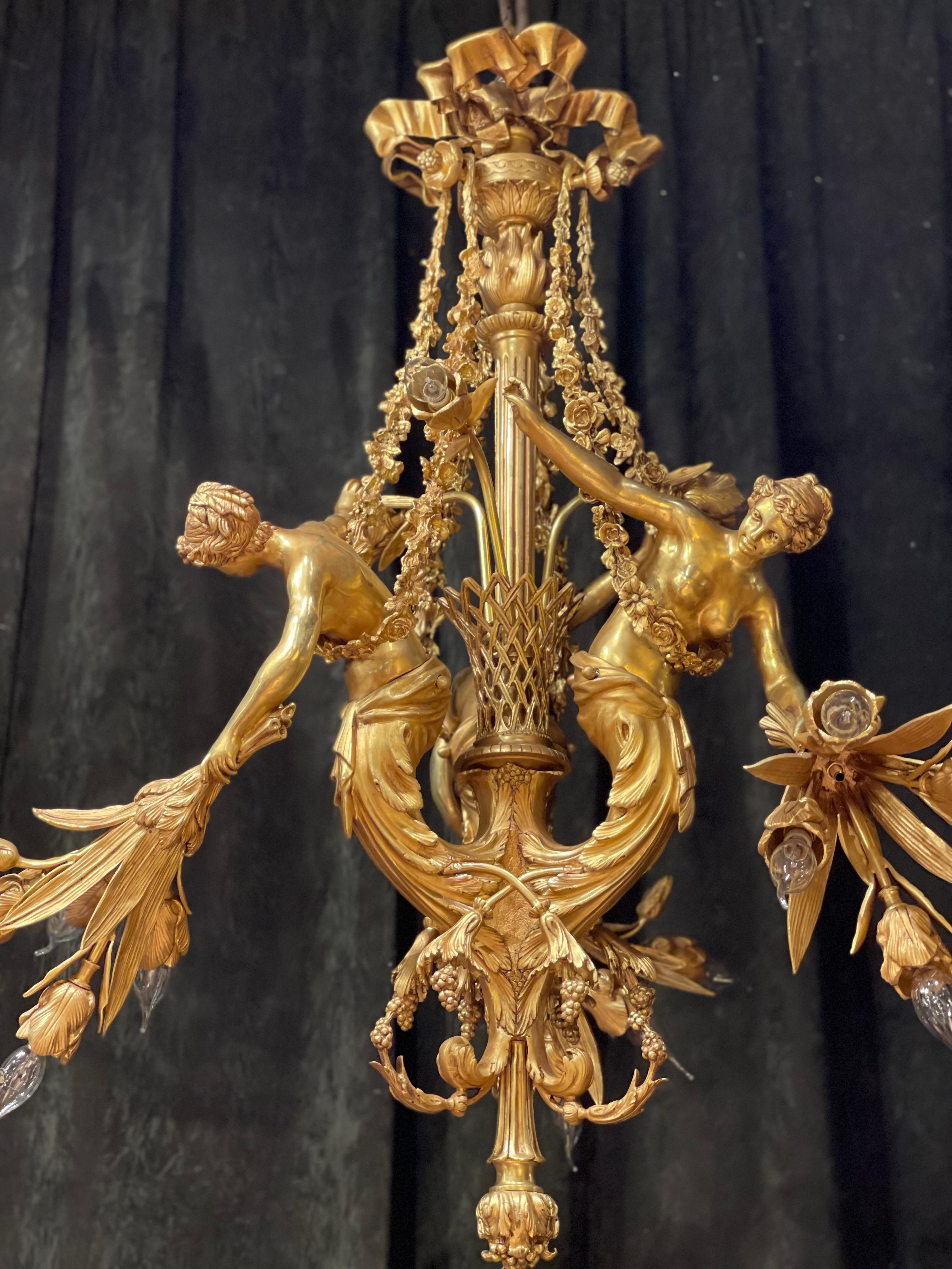 Hand-Crafted Monumental Chandelier in Louis XVI Style, Solid Bronze, Gilt, Unique For Sale