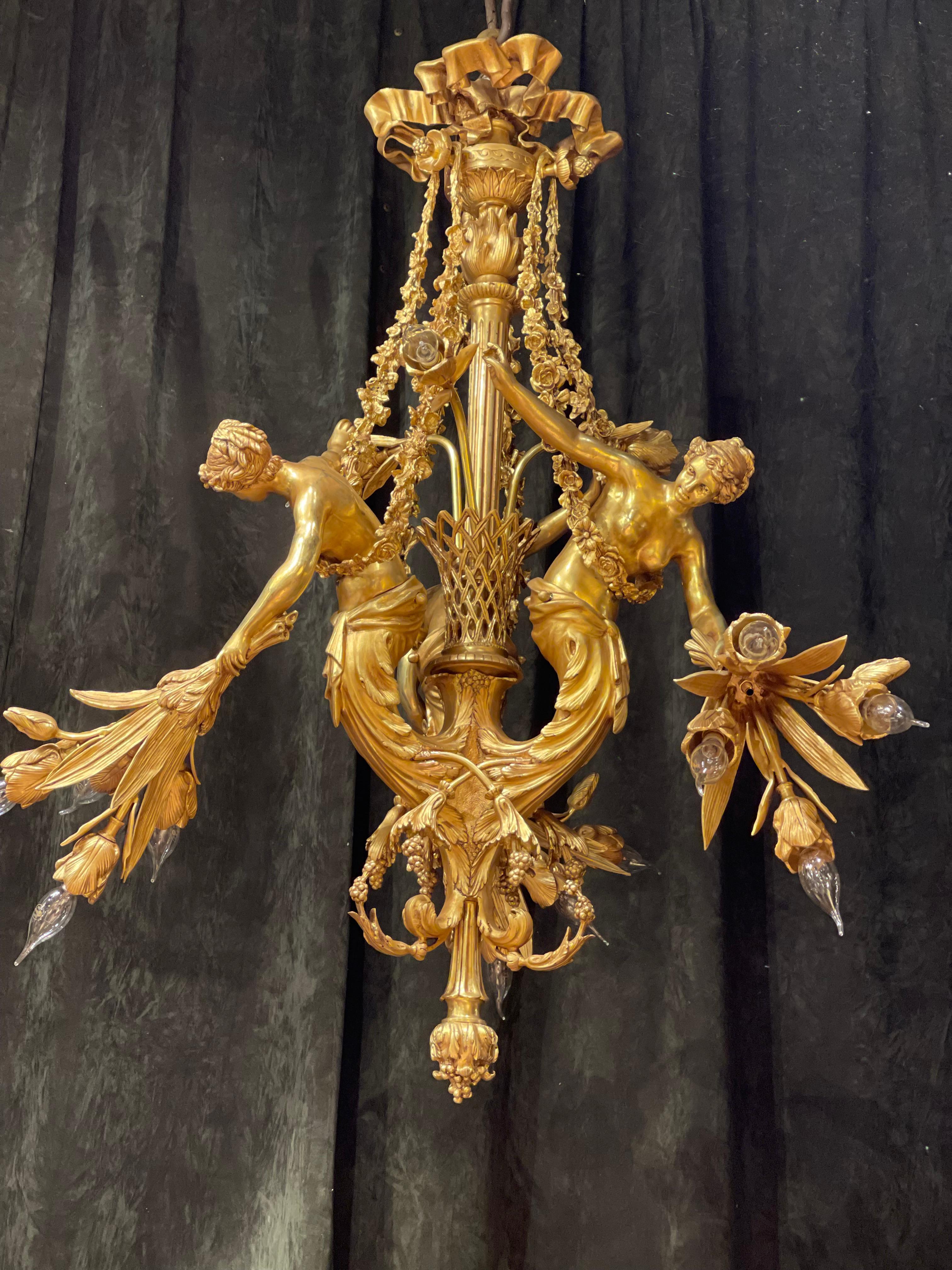 Monumental Chandelier in Louis XVI Style, Solid Bronze, Gilt, Unique In Good Condition For Sale In Berlin, DE