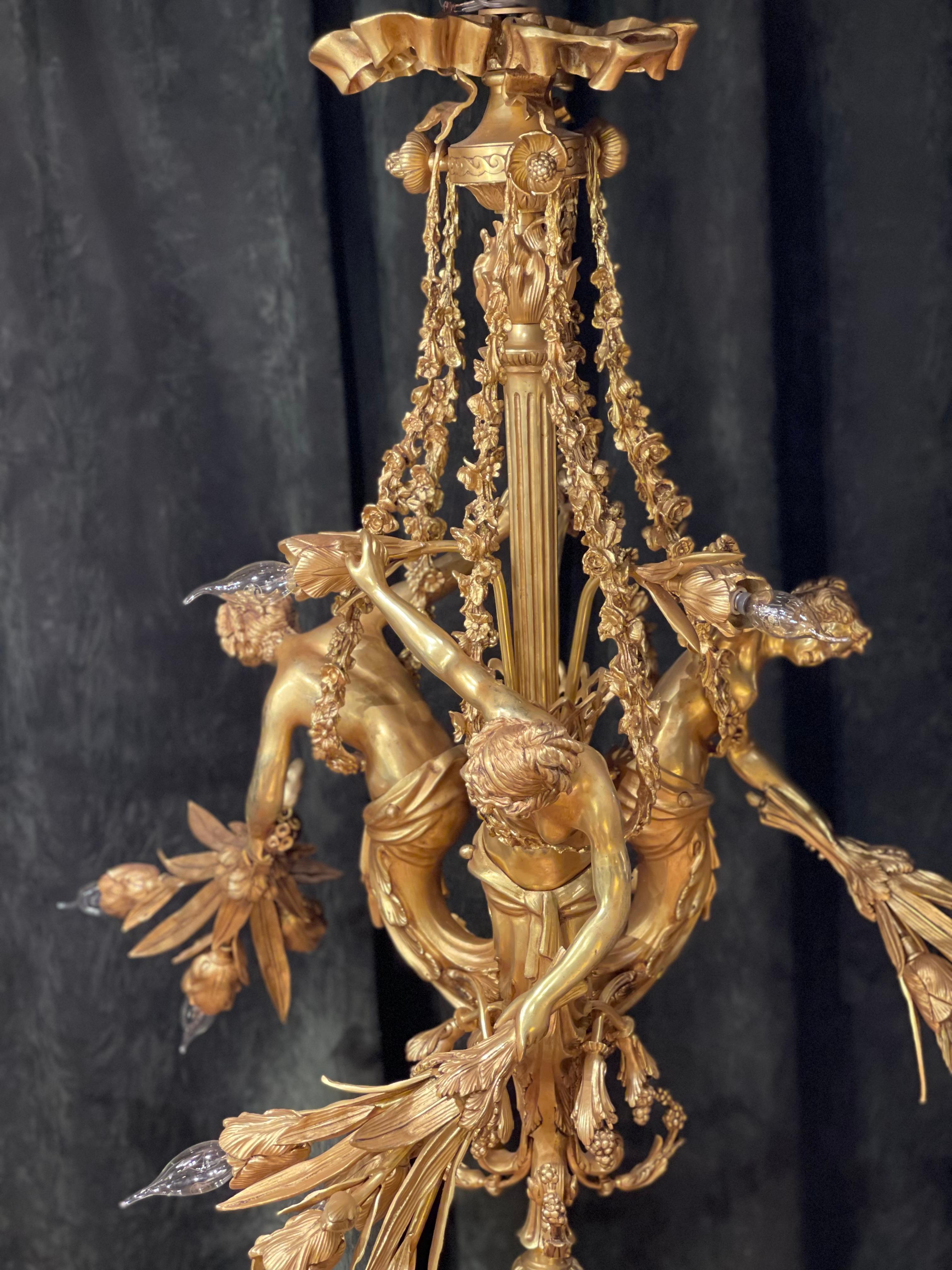 Monumental Chandelier in Louis XVI Style, Solid Bronze, Gilt, Unique For Sale 1