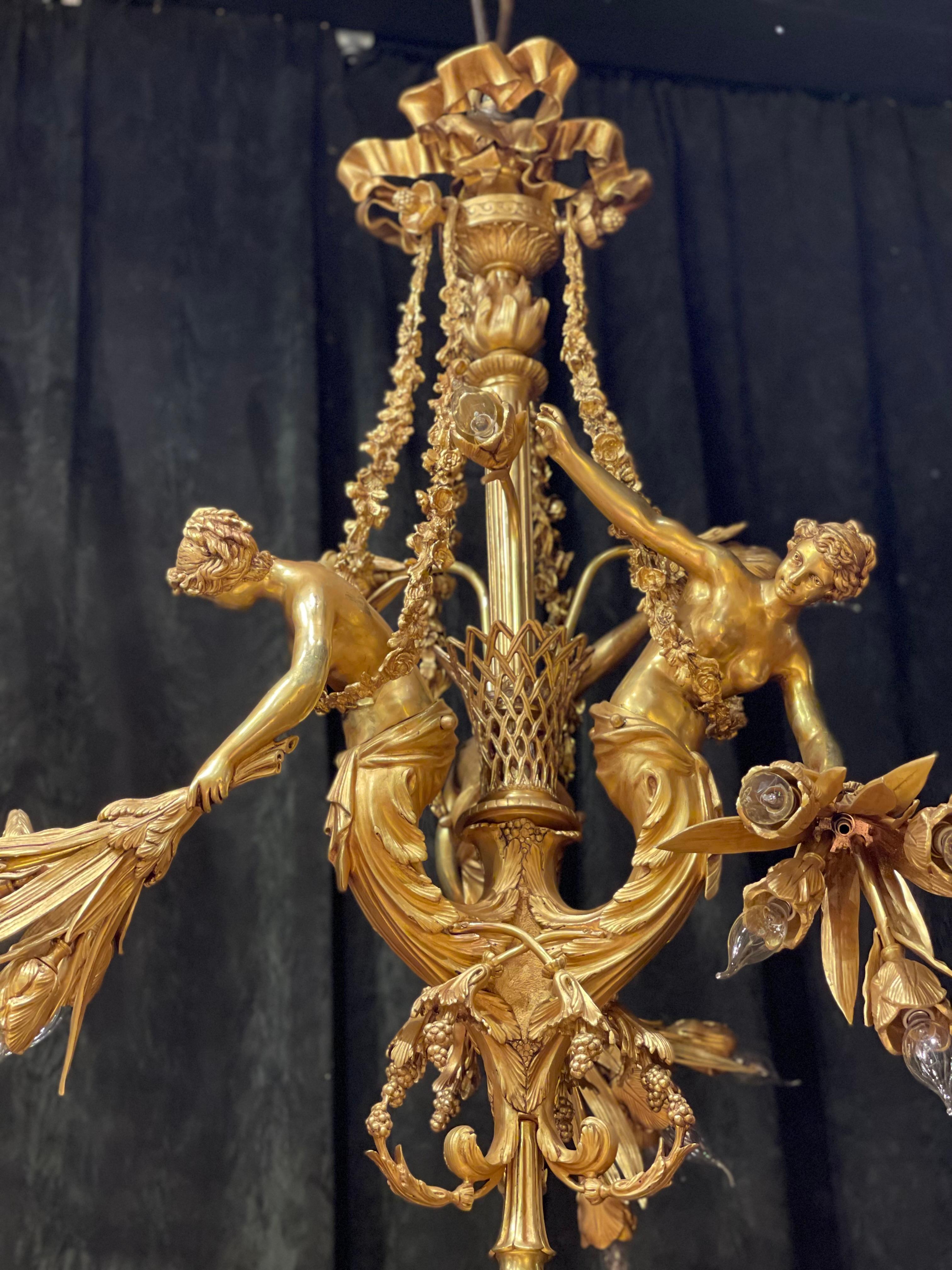 Monumental Chandelier in Louis XVI Style, Solid Bronze, Gilt, Unique For Sale 3