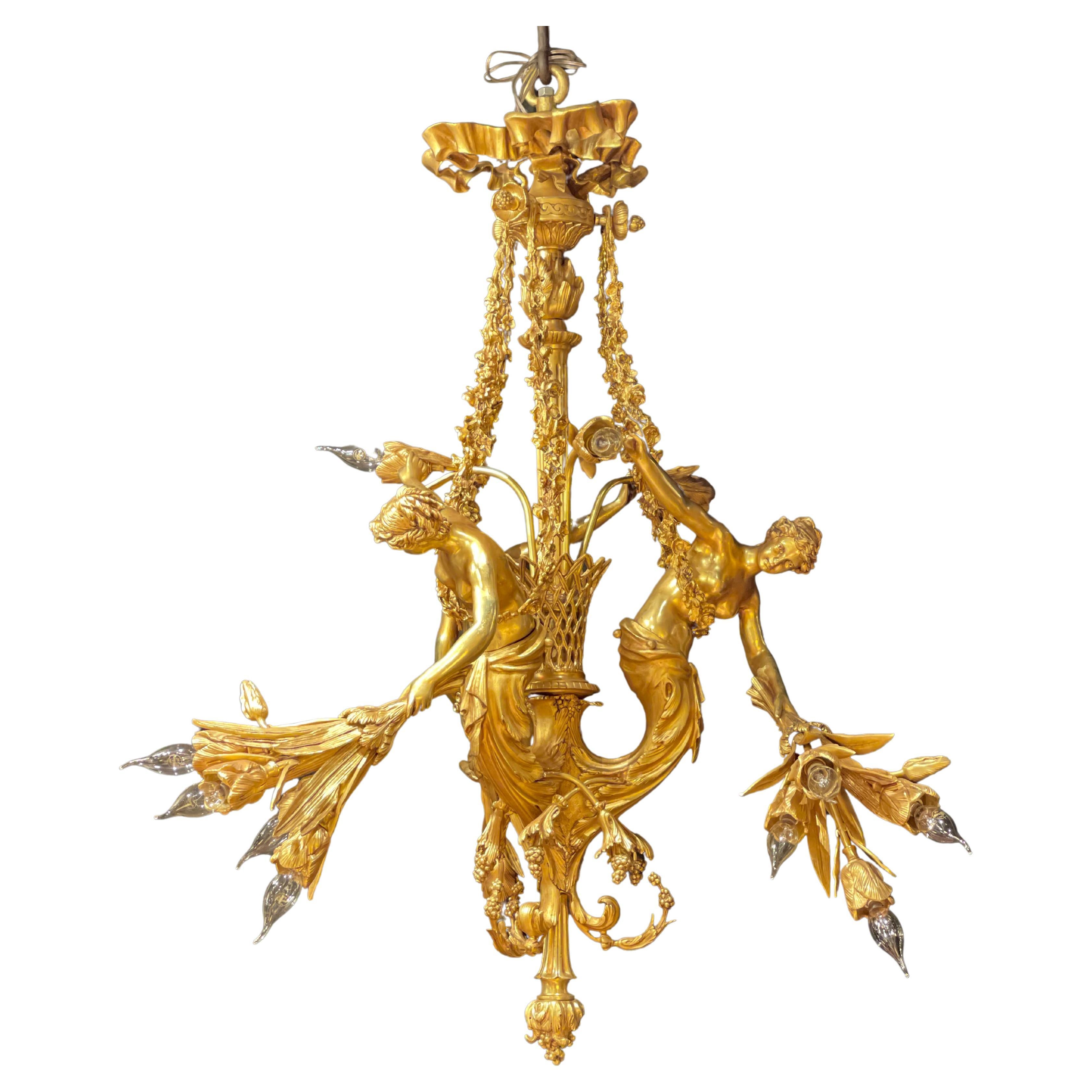 Monumental Chandelier in Louis XVI Style, Solid Bronze, Gilt, Unique For Sale