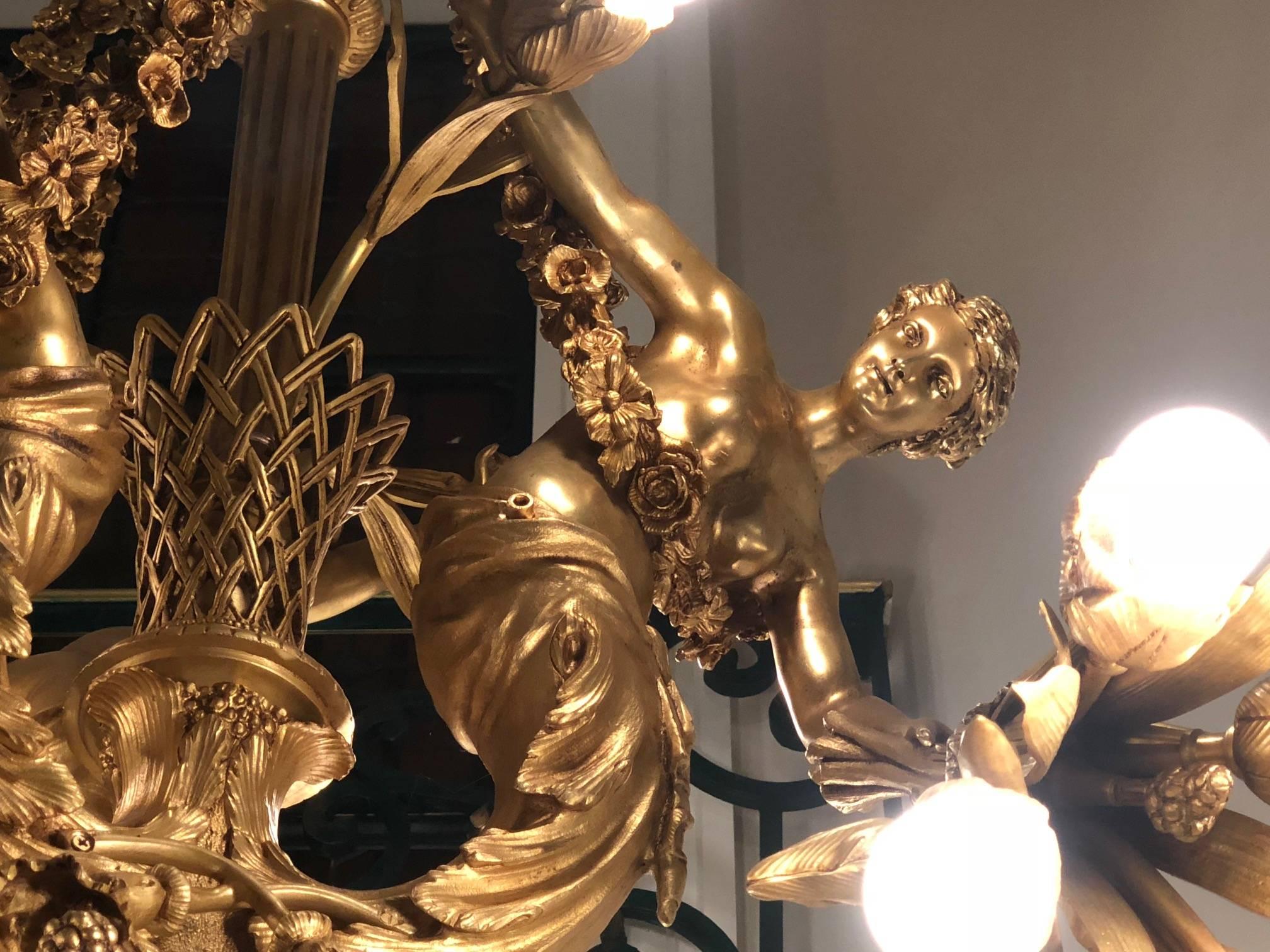 Louis XIV Monumental Chandelier in Louis XVI Style, Solid Bronze, Gilt, Unique