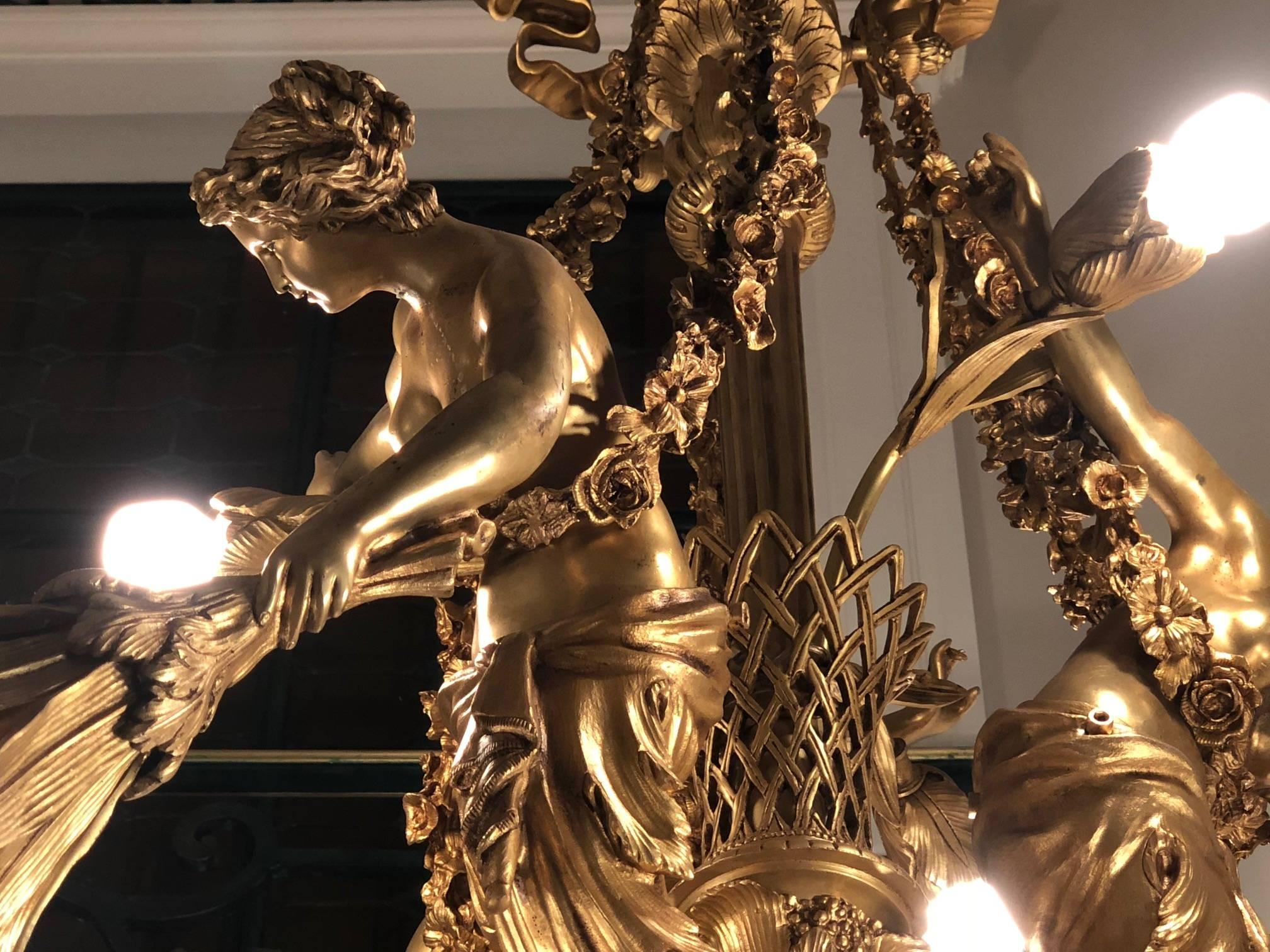French Monumental Chandelier in Louis XVI Style, Solid Bronze, Gilt, Unique