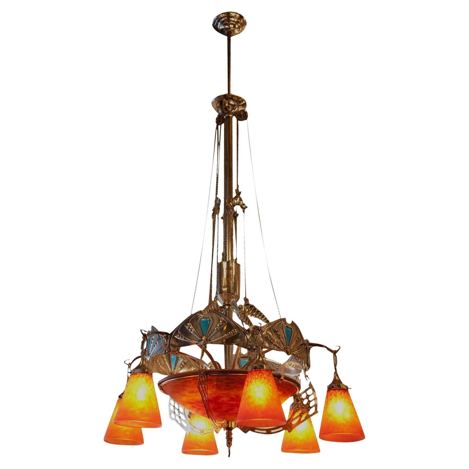 Monumental Chandelier Art Nouveau in silver plated bronze, Tulips sign Schneider For Sale
