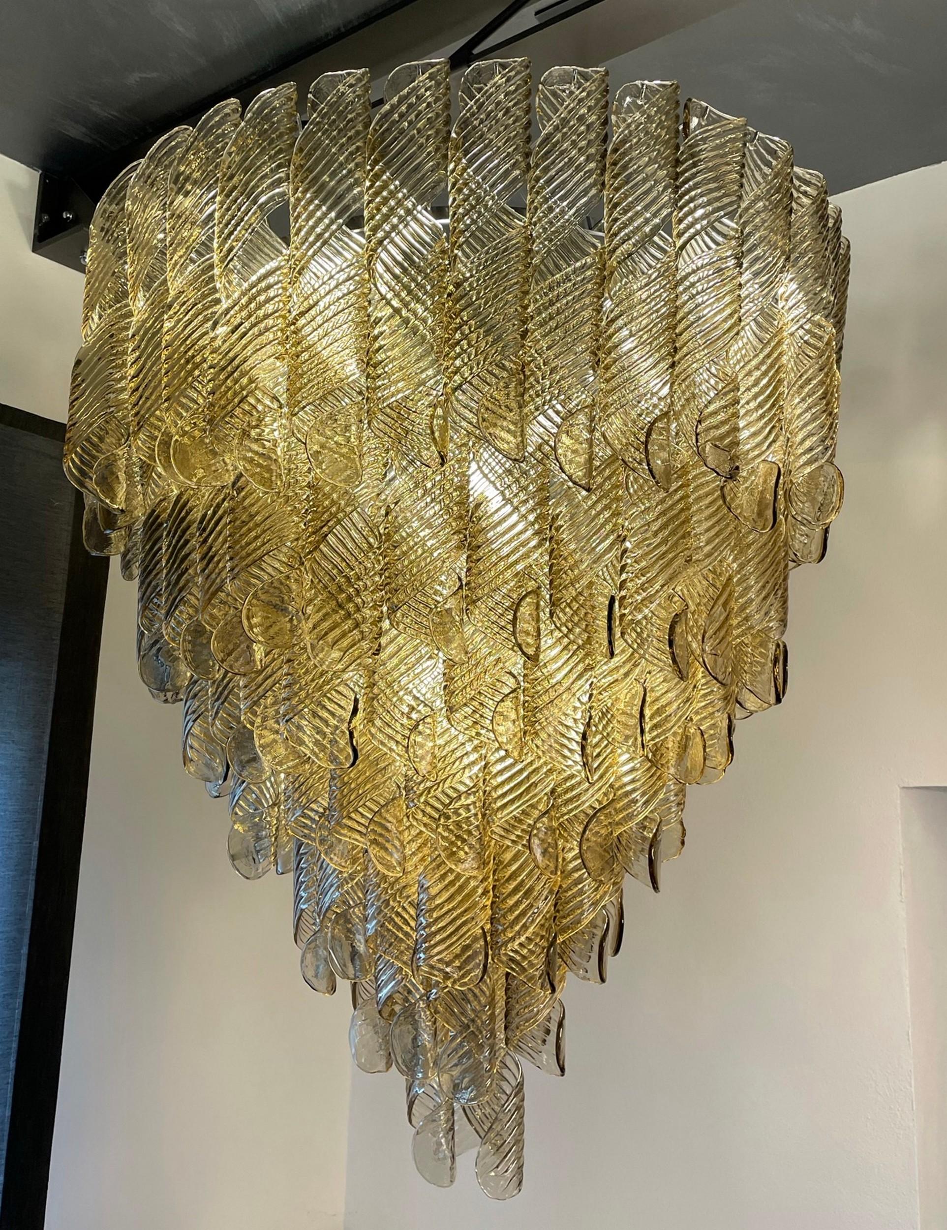 Mid-Century Modern Monumental Chandelier, Murano Fume Glass in Spiral Ribbed Elements, 7 Tiers