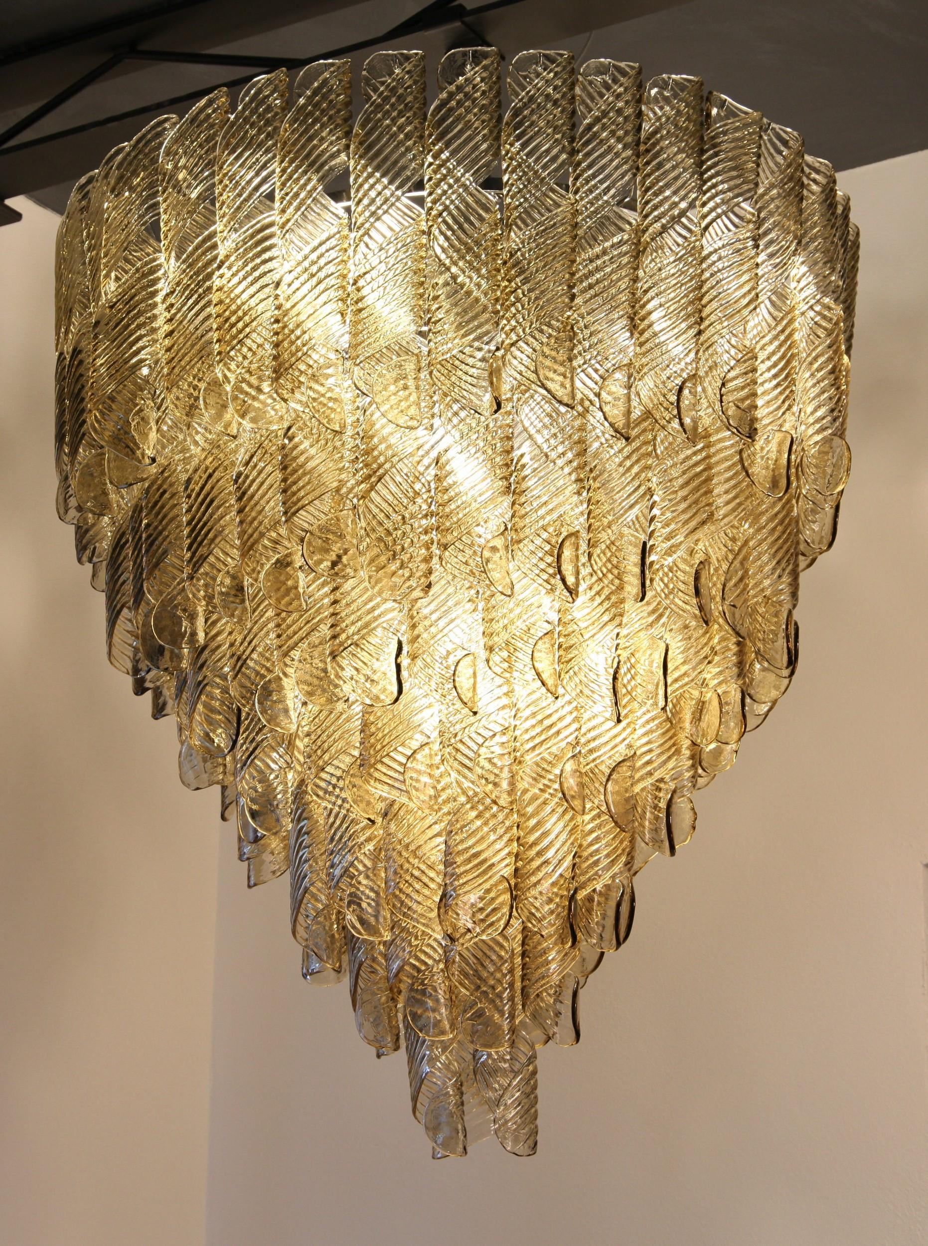 20th Century Monumental Chandelier, Murano Fume Glass in Spiral Ribbed Elements, 7 Tiers