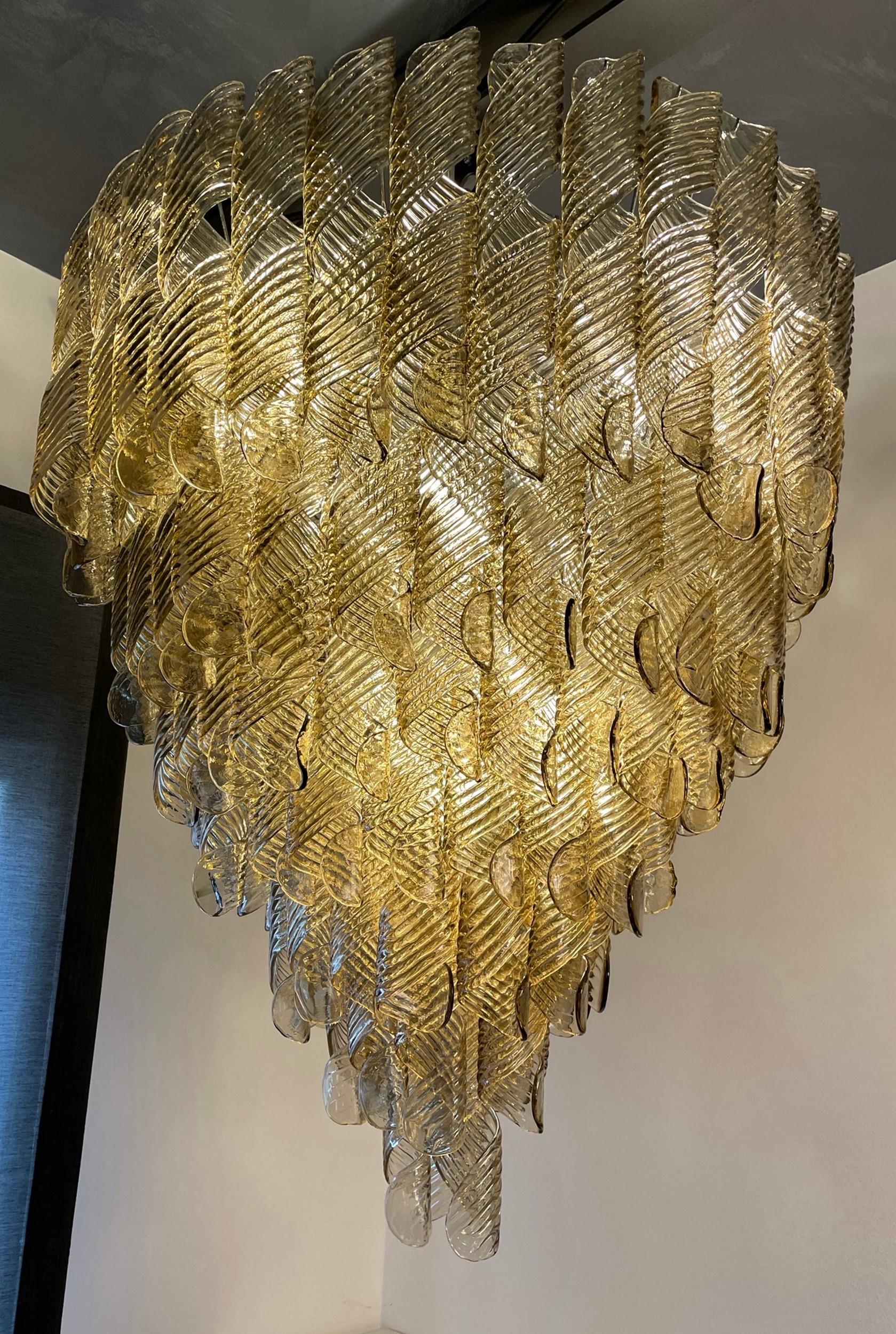 Iron Monumental Chandelier, Murano Fume Glass in Spiral Ribbed Elements, 7 Tiers