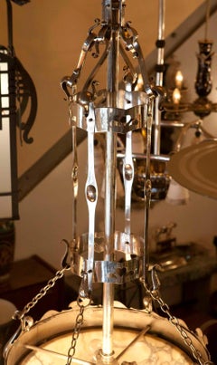 Monumental Chandelier in Alabaster and silver plated bronze, Arts and Crafts