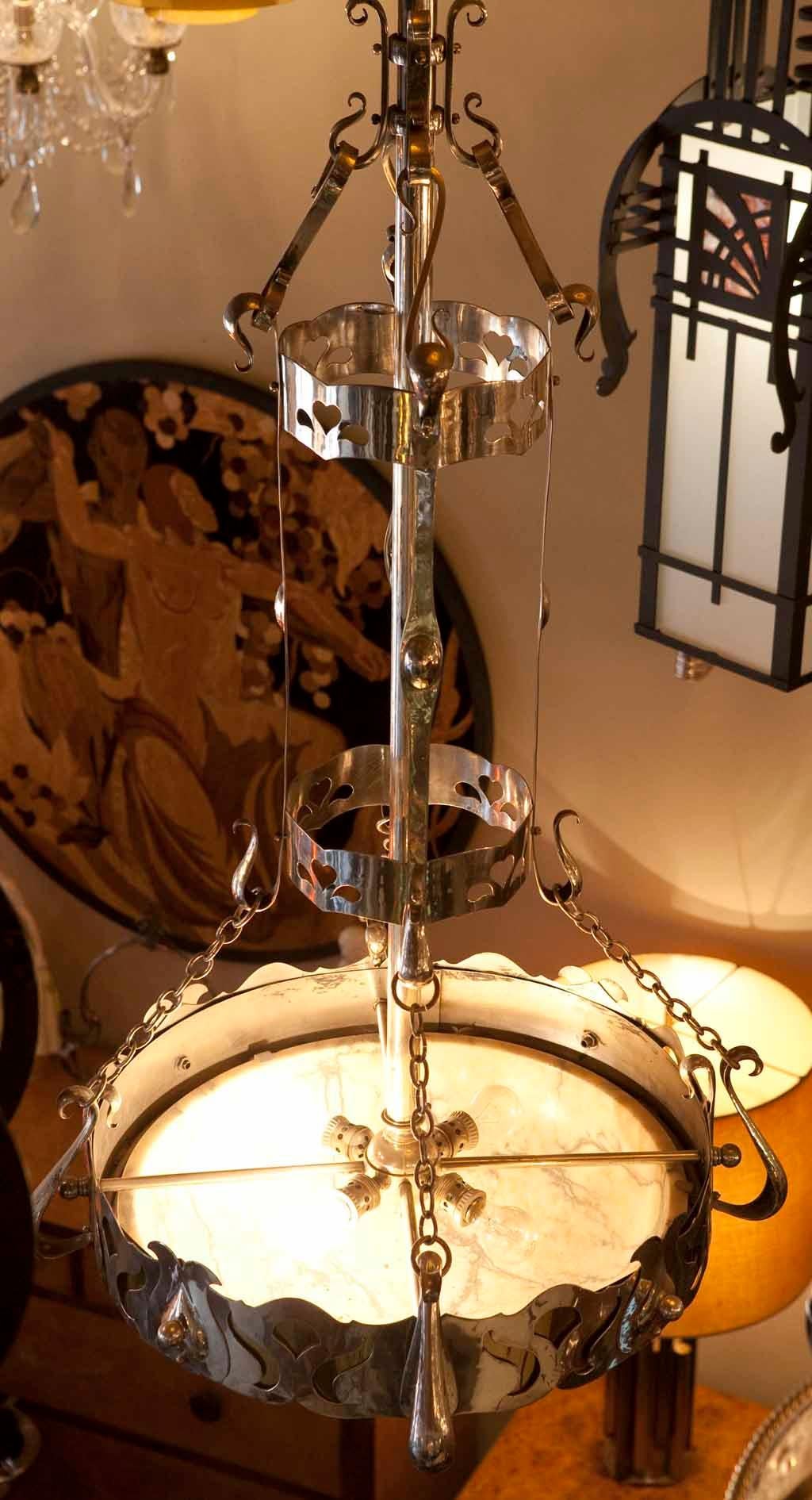 English Monumental Chandelier in Alabaster and silver plated bronze, Arts and Crafts  For Sale