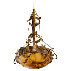 Antique Monumental Chandelier in Alabaster and silver plated bronze, Arts and Crafts 