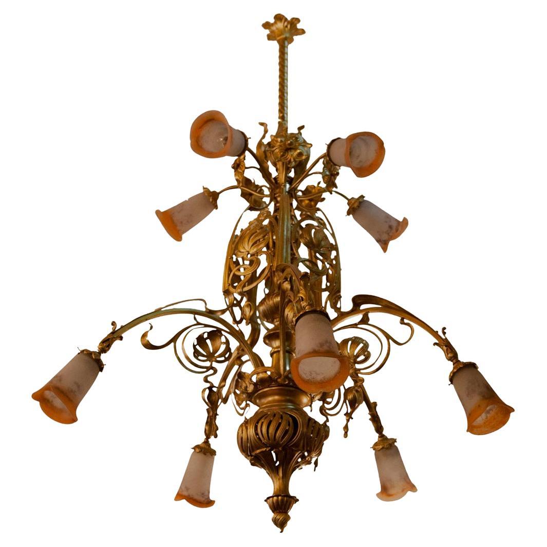 Monumental Chandelier Art Nouveau Glass Daum Nancy attributed to Louis majorelle For Sale