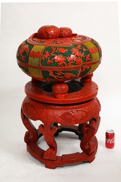 Monumental Chinese 4 Color Cinnabar "8" Peach Box on Stand w/ Mini Boxes Inside