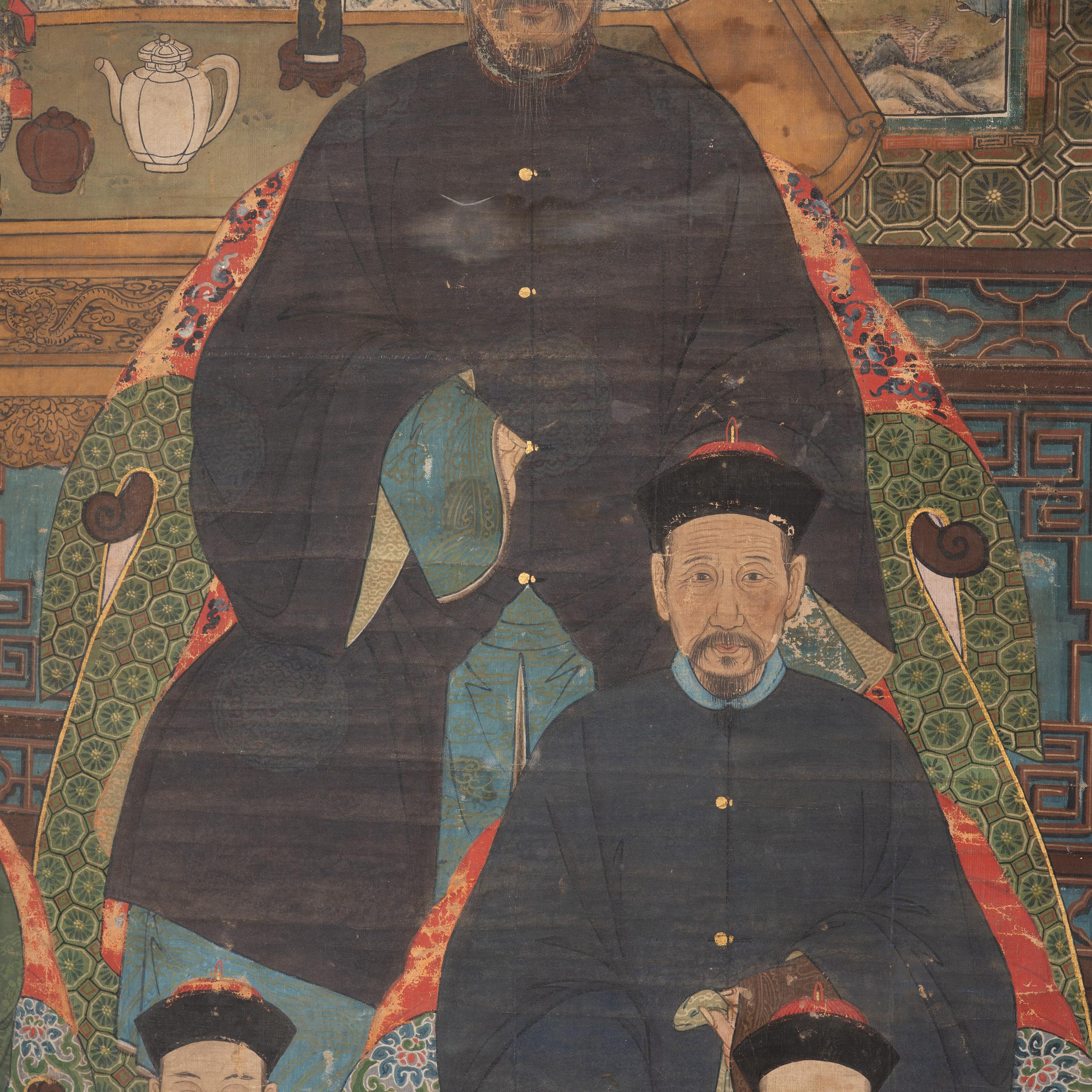 Hand-Painted Monumental Chinese Ancestor Portrait Scroll, c. 1850 For Sale