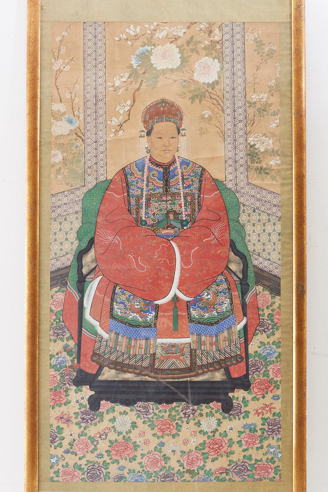 19th Century Monumental Chinese Ancestral Matriarch Framed Scroll Painting