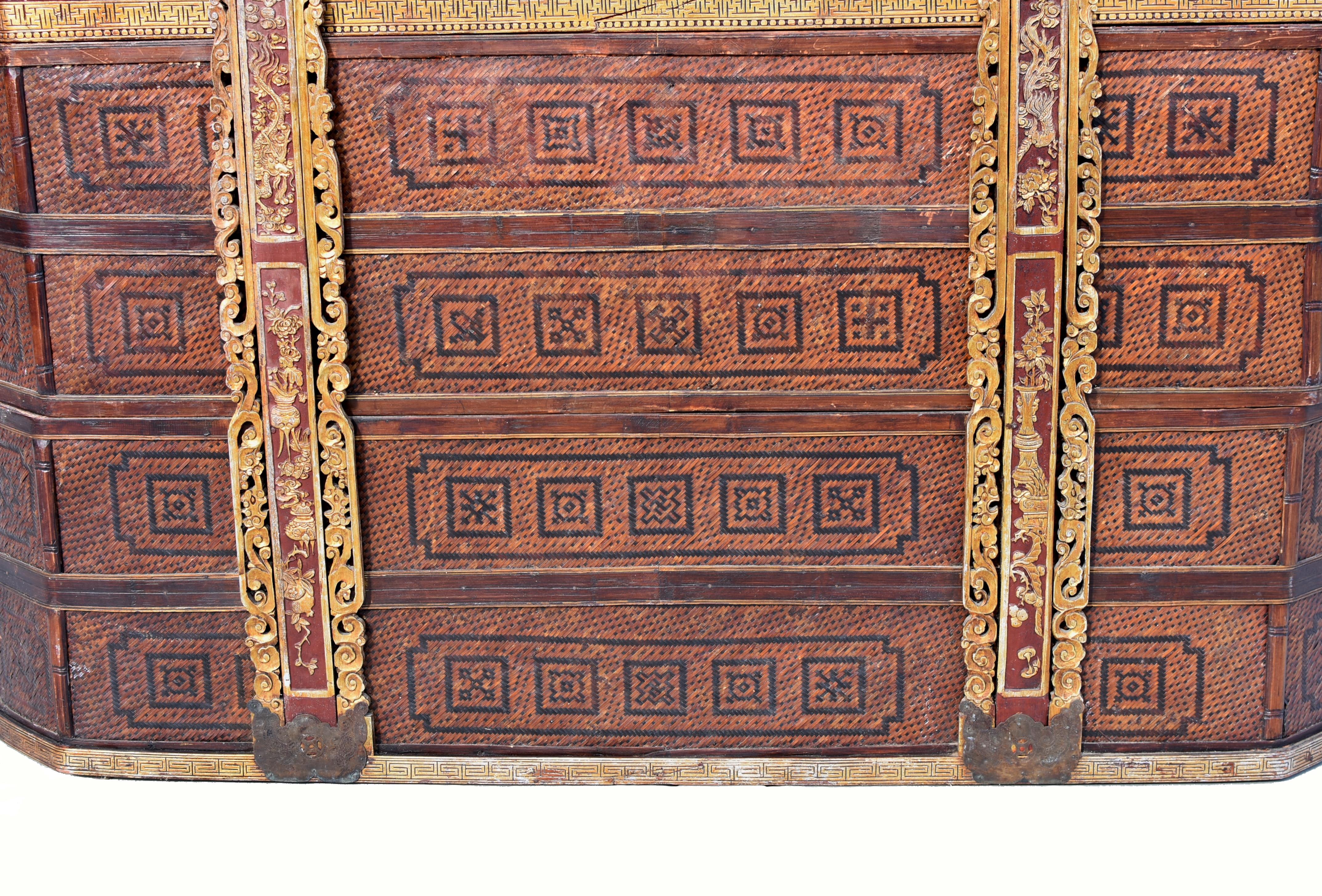 In the opulent tapestry of 19th-century Chinese craftsmanship, a monumental ceremonial bamboo basket stands as a testament to unparalleled artistry and cultural significance. In remarkable condition, this extraordinary four-tiered masterpiece,