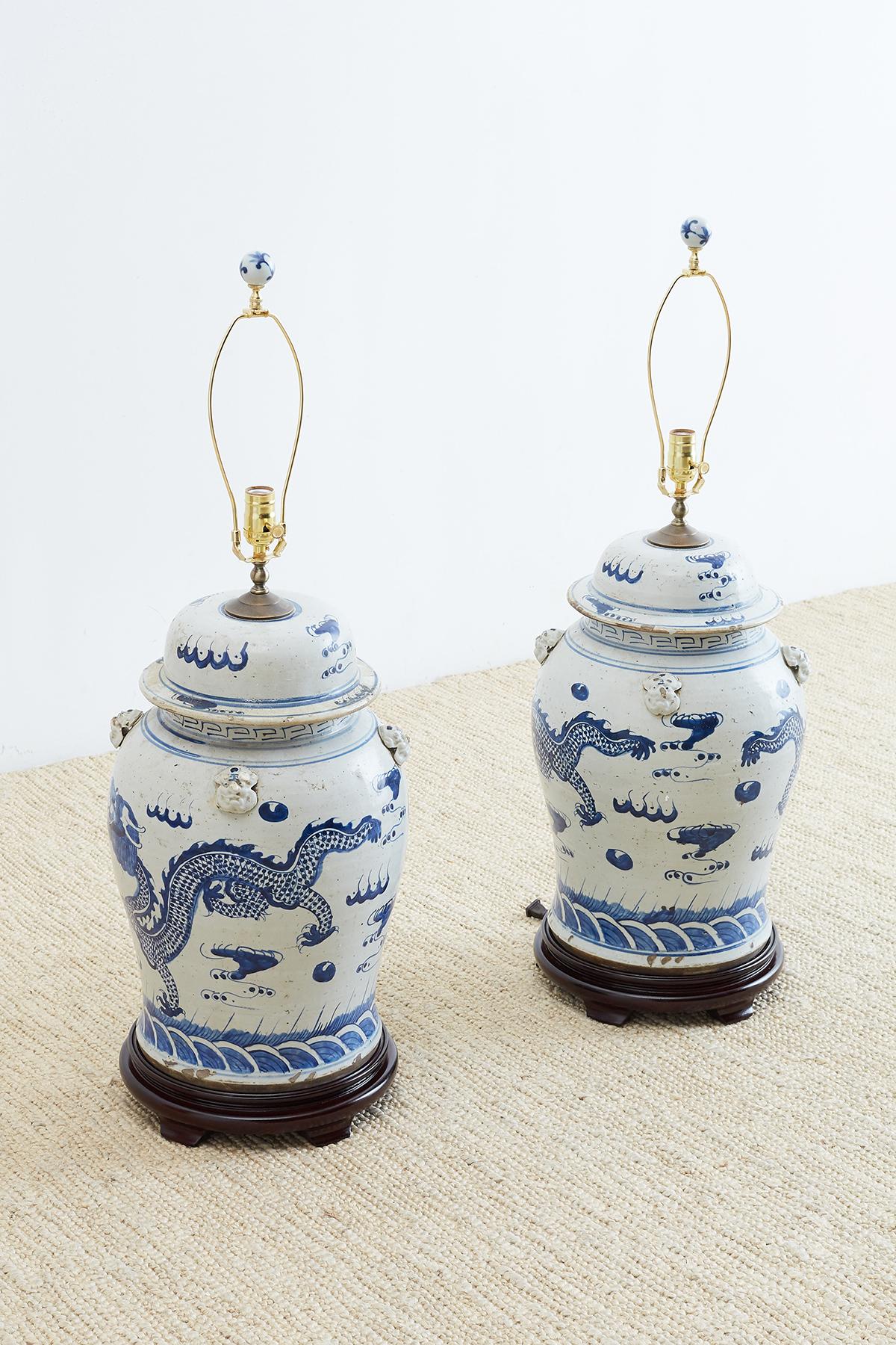 Hand-Painted Monumental Chinese Blue and White Ginger Jar Lamps