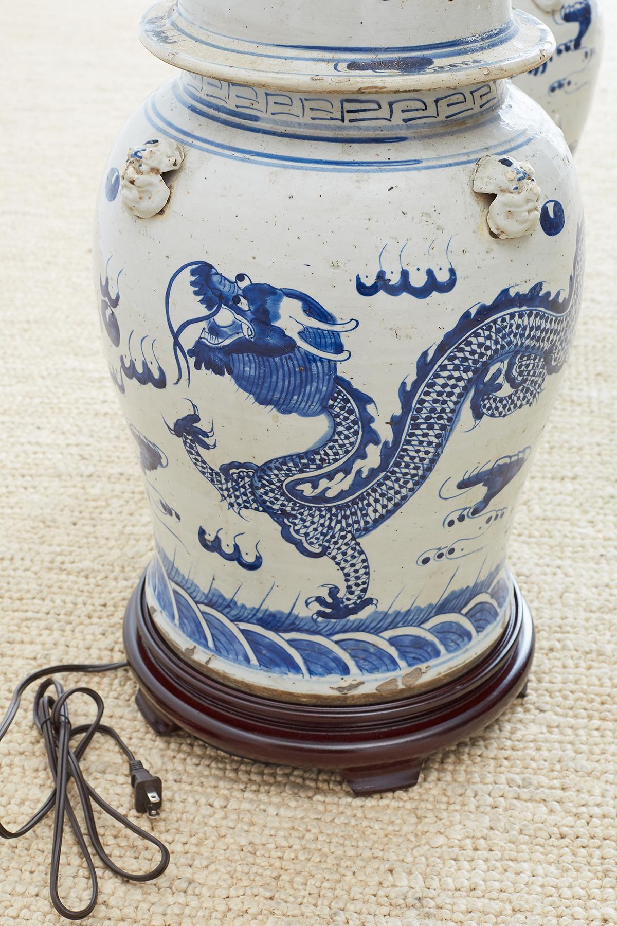 Monumental Chinese Blue and White Ginger Jar Lamps In Good Condition In Rio Vista, CA