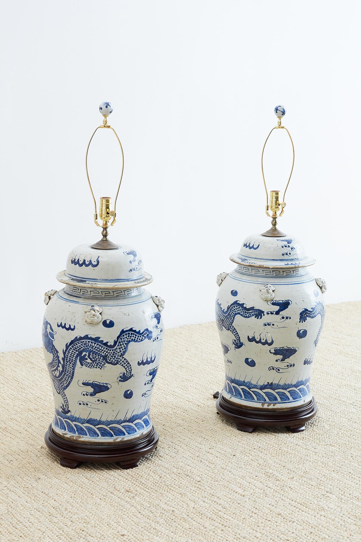 20th Century Monumental Chinese Blue and White Ginger Jar Lamps