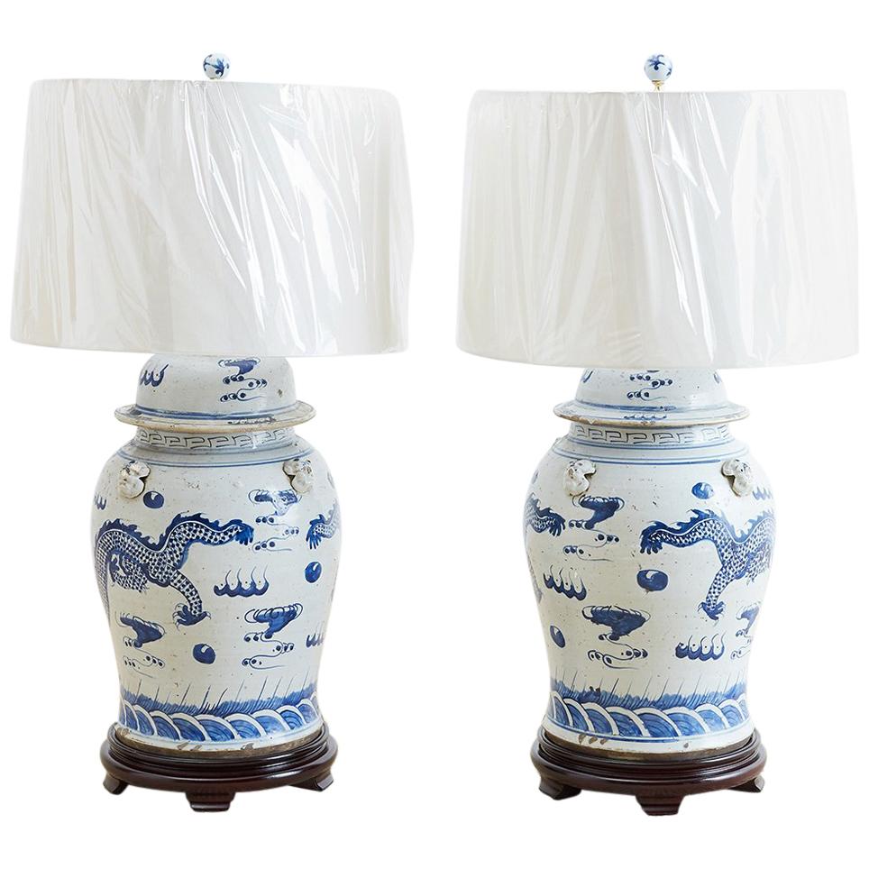 Monumental Chinese Blue and White Ginger Jar Lamps