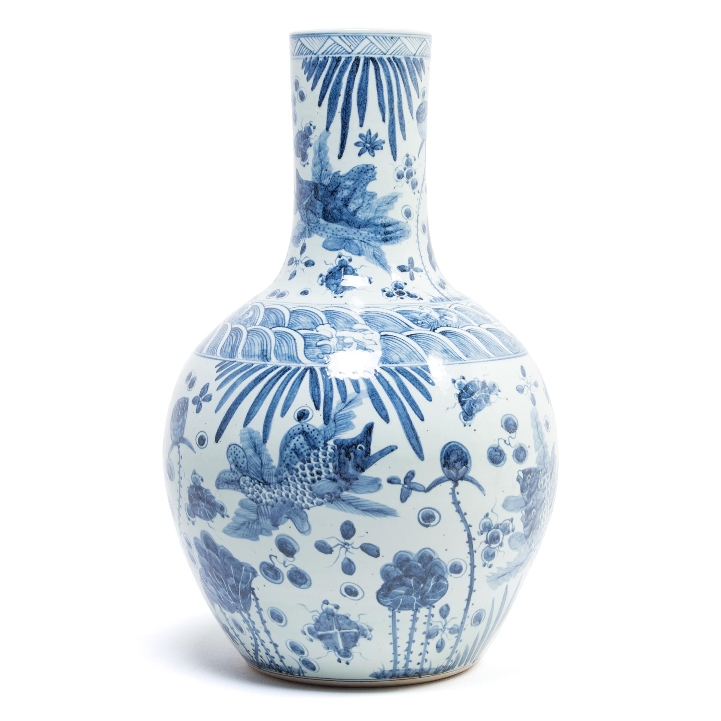 Glazed Monumental Chinese Blue and White Koi Bottleneck Jar