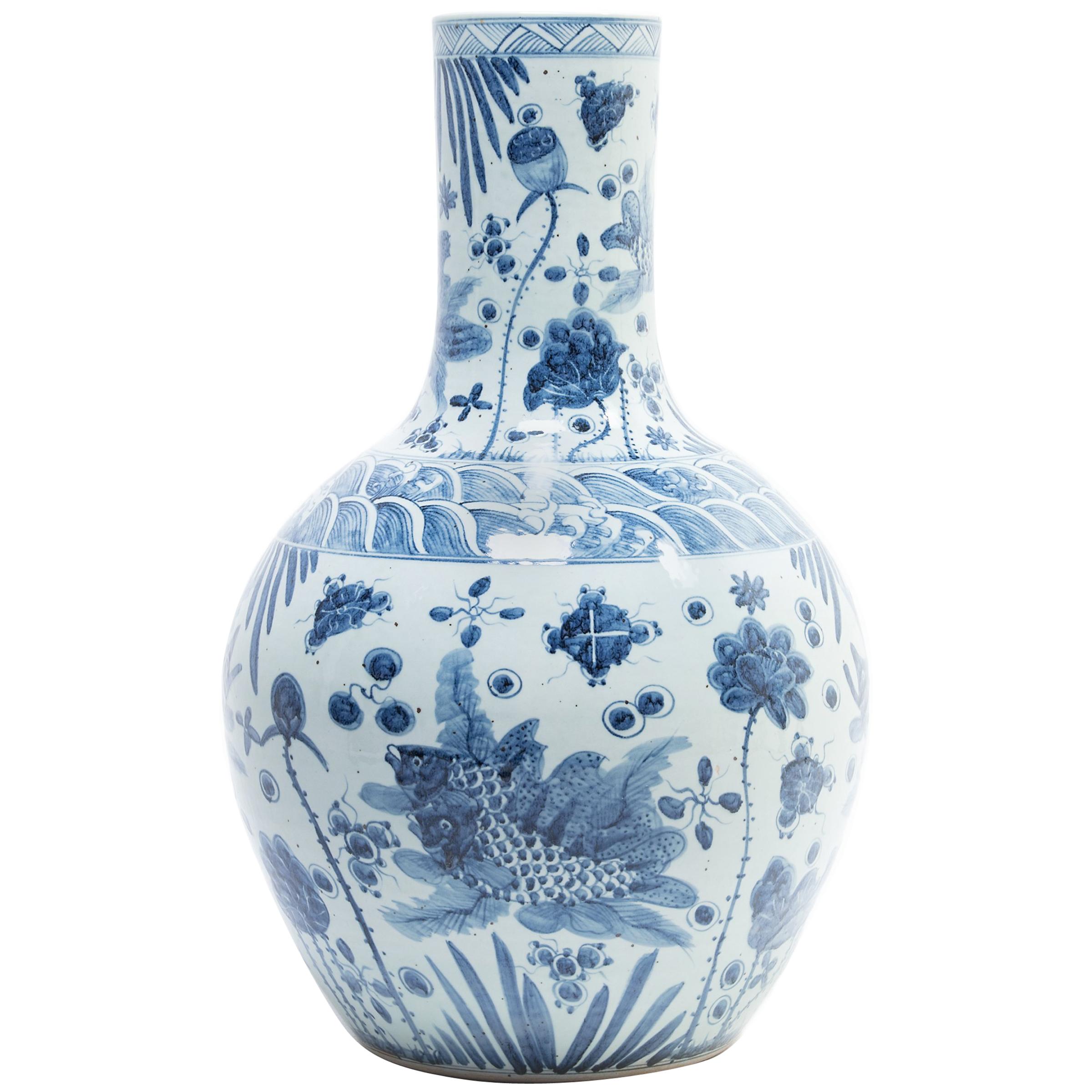 Monumental Chinese Blue and White Koi Bottleneck Jar