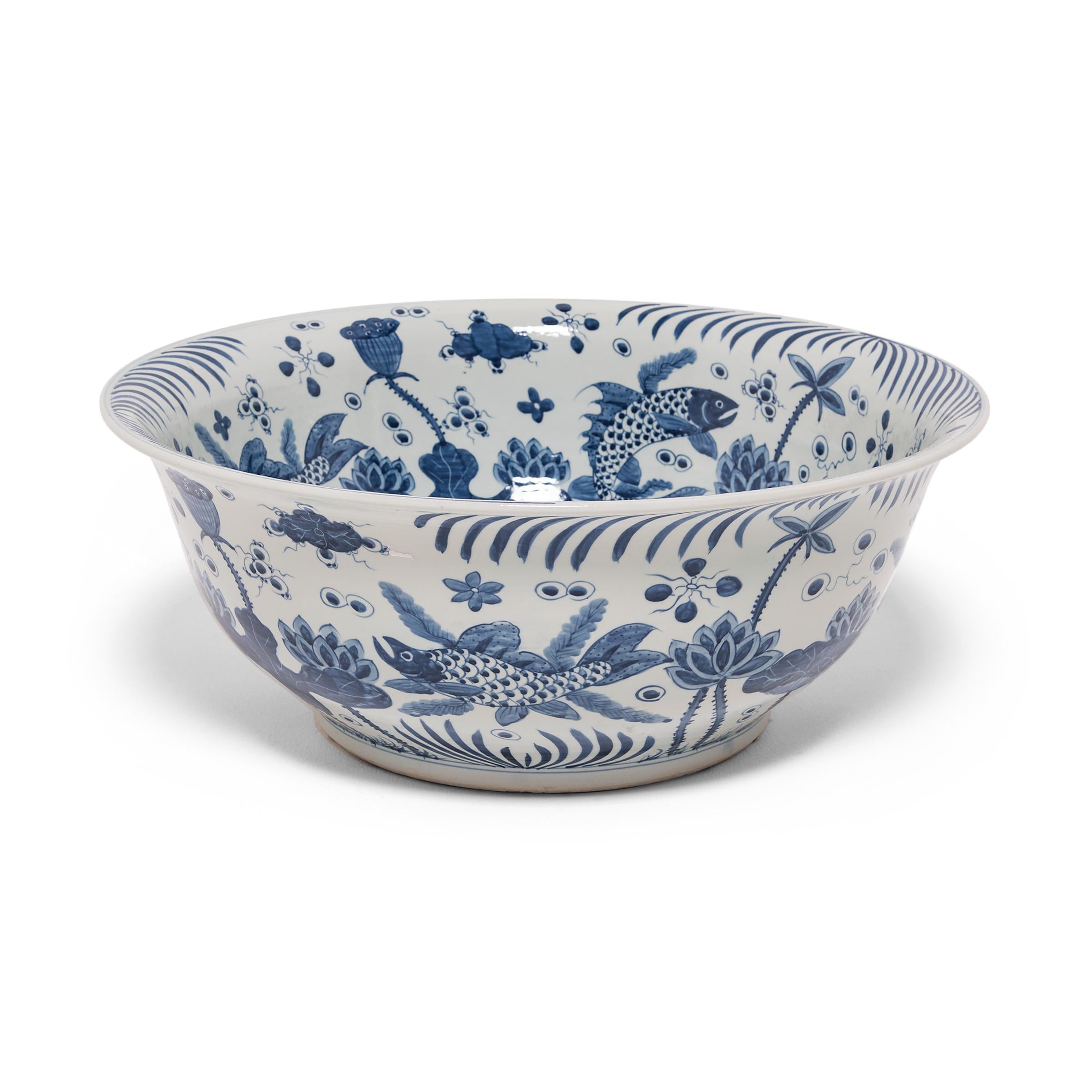 Glazed Monumental Chinese Blue and White Ocean Bowl