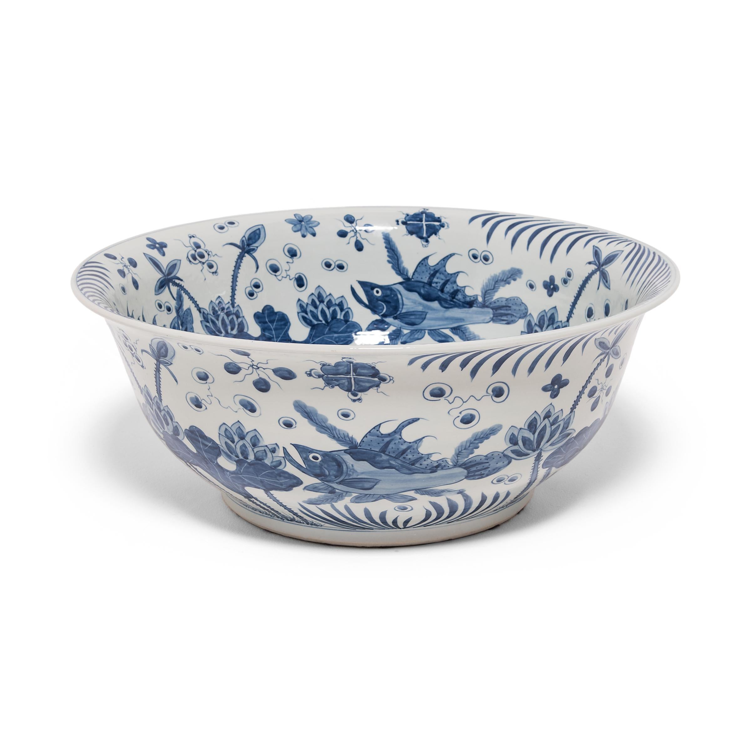 Monumental Chinese Blue and White Ocean Bowl In Excellent Condition In Chicago, IL
