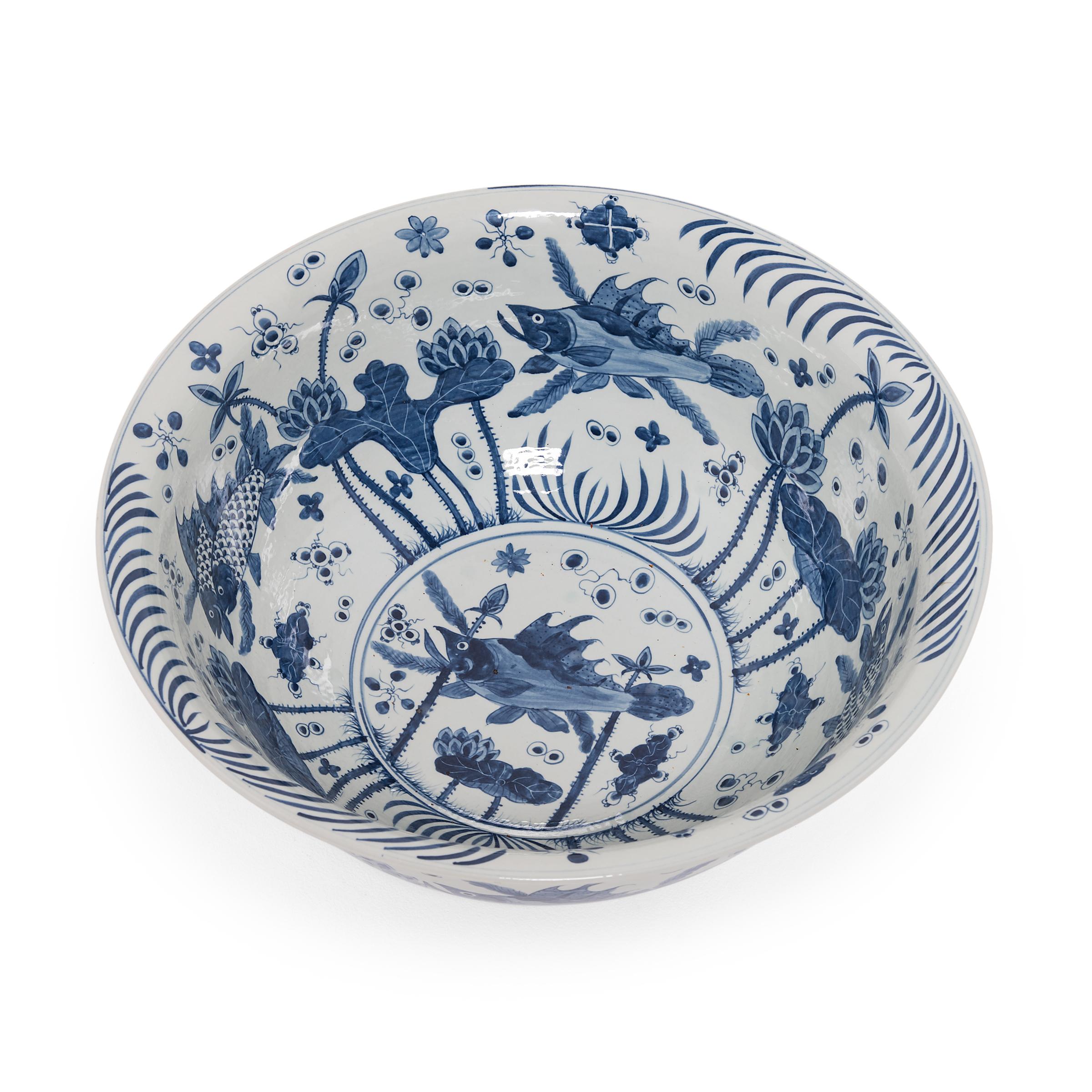 Contemporary Monumental Chinese Blue and White Ocean Bowl