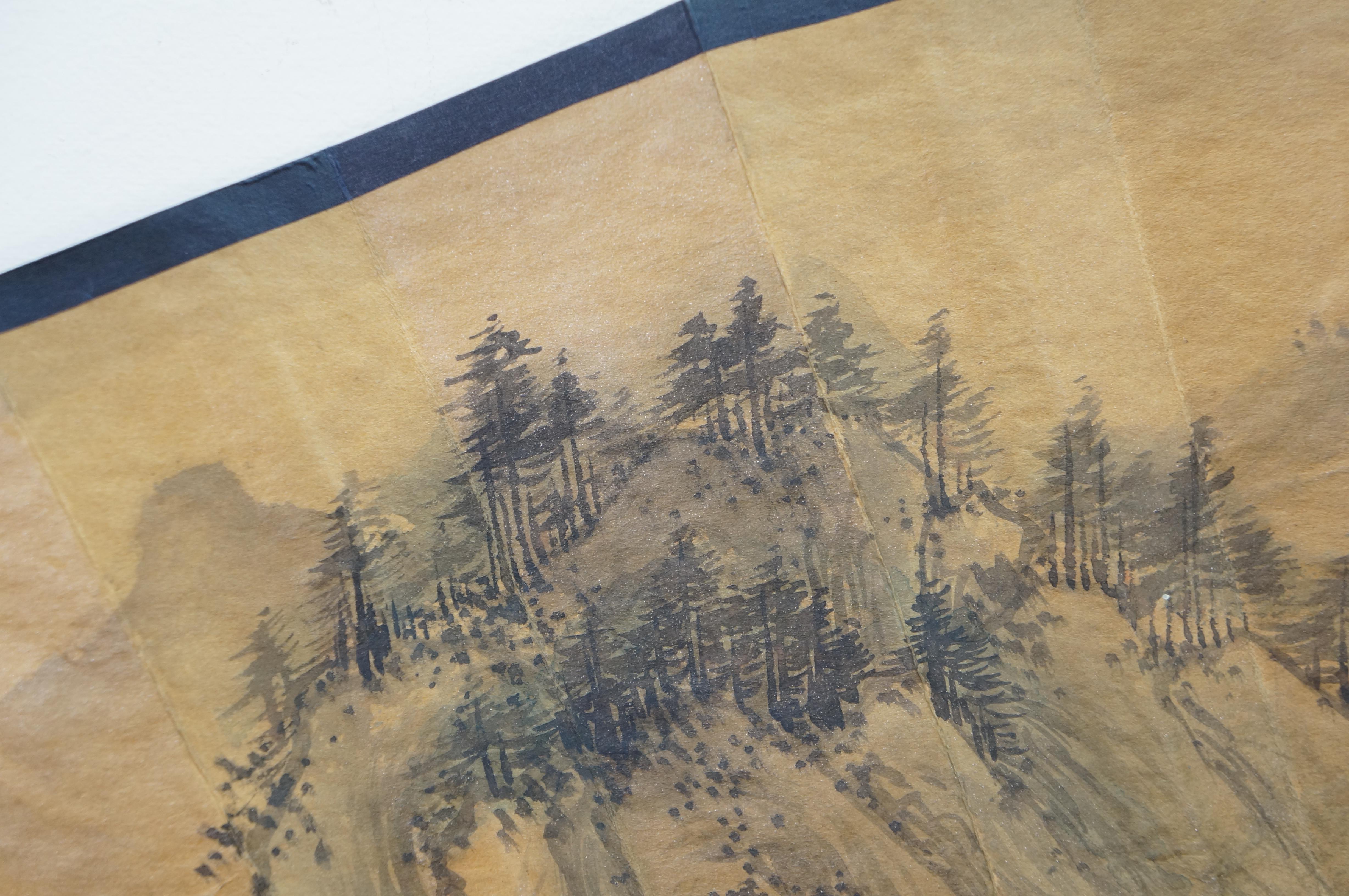 Abanico Monumental Plegable Caligrafía China Paisaje de Aldea Montañosa 74 en venta 3