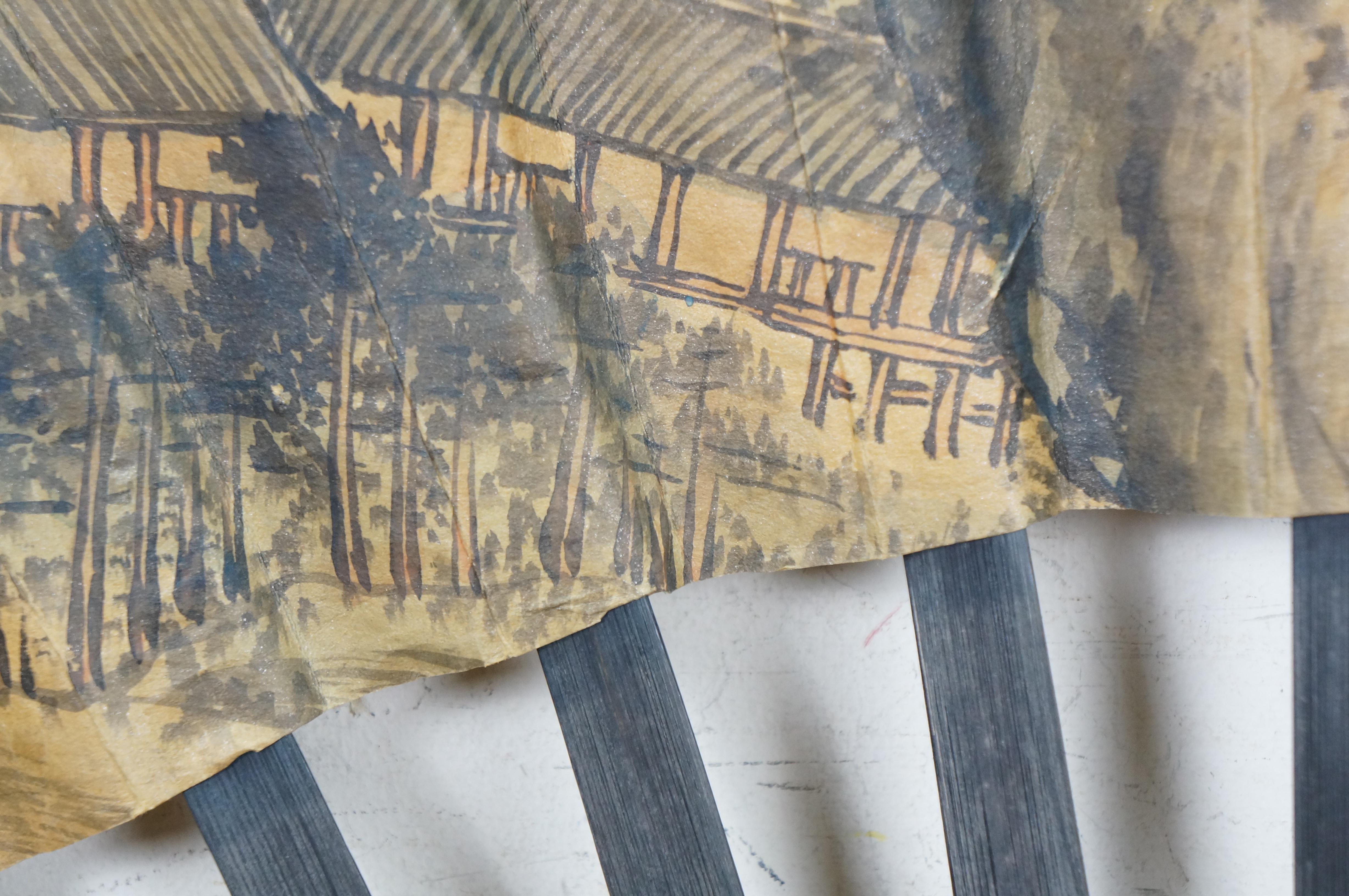 Abanico Monumental Plegable Caligrafía China Paisaje de Aldea Montañosa 74 en venta 4