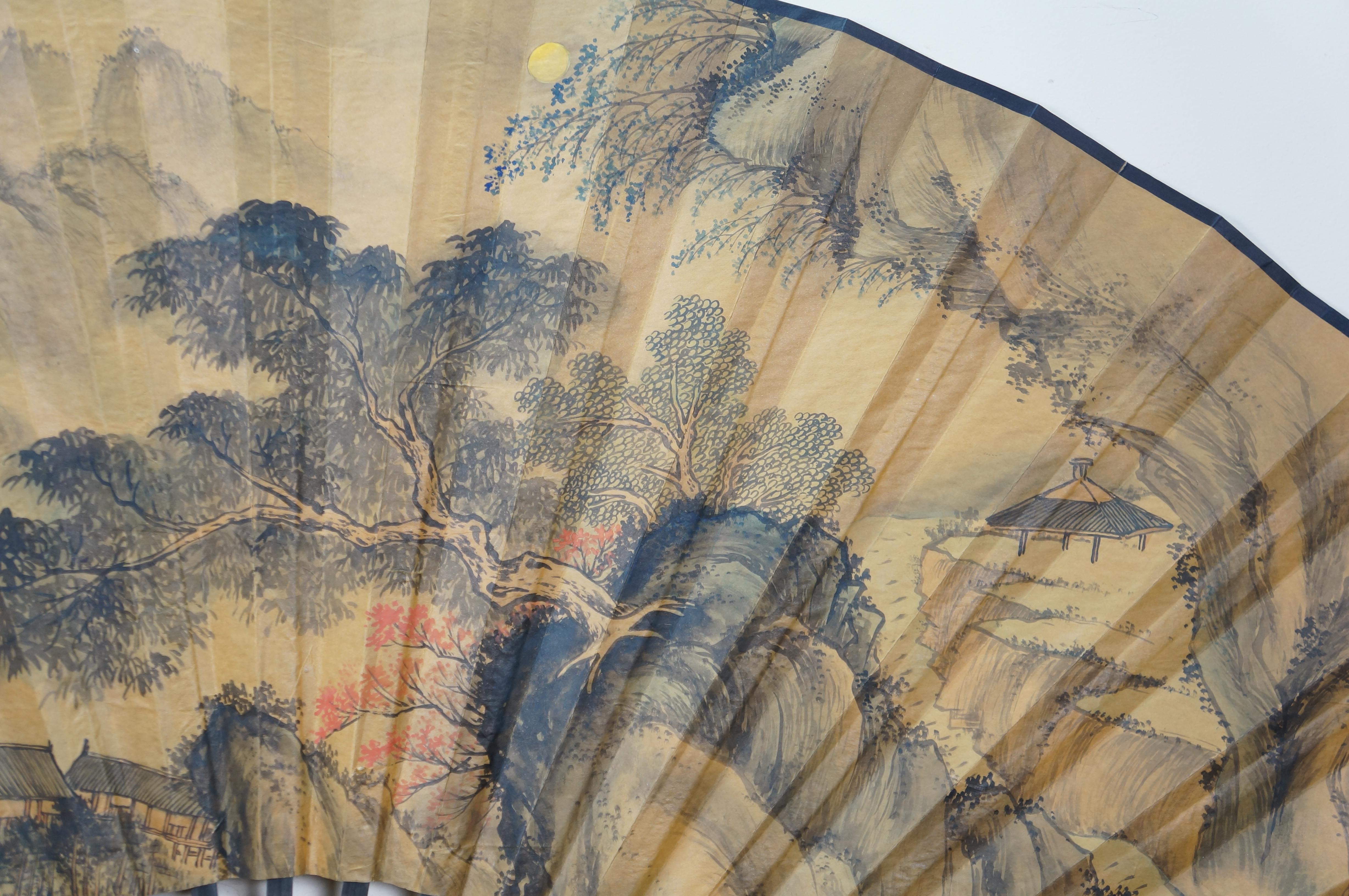 Abanico Monumental Plegable Caligrafía China Paisaje de Aldea Montañosa 74 en venta 1
