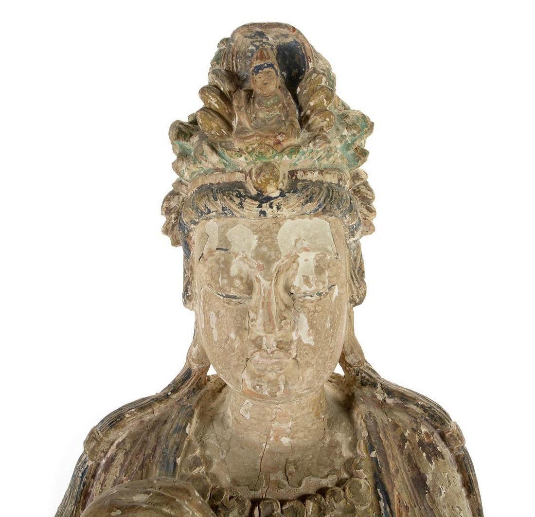 Monumental Chinese carved and painted Quan Yin figure 19th century

Remarkable large scale statue of Quan Yin (Goddess of Mercy and Compassion)

Ample remains of original paint remain.

The sculpture measures 19