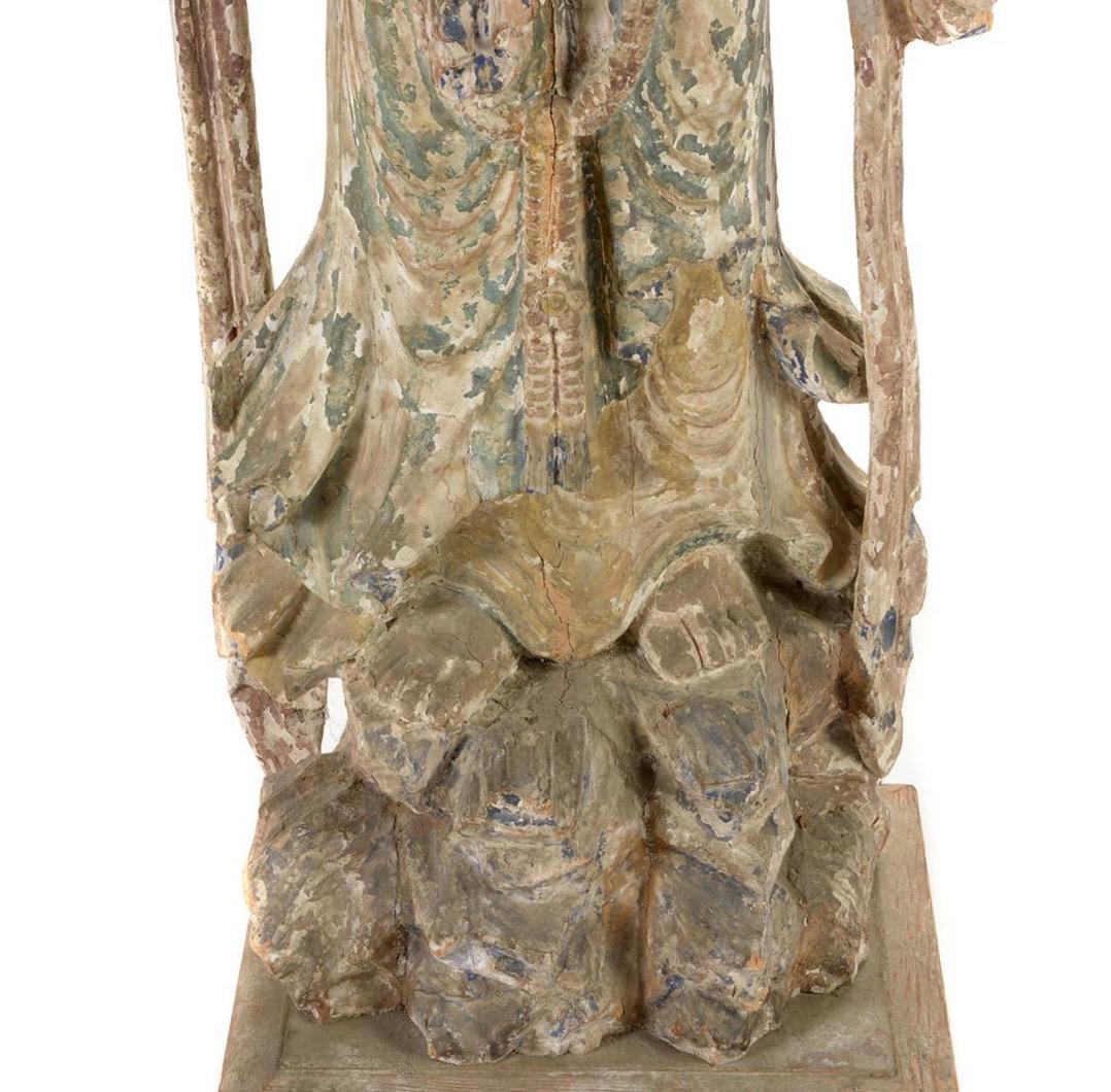 Chinese Carved and Painted Quan Yin Figure, 19th Century In Distressed Condition For Sale In San Francisco, CA