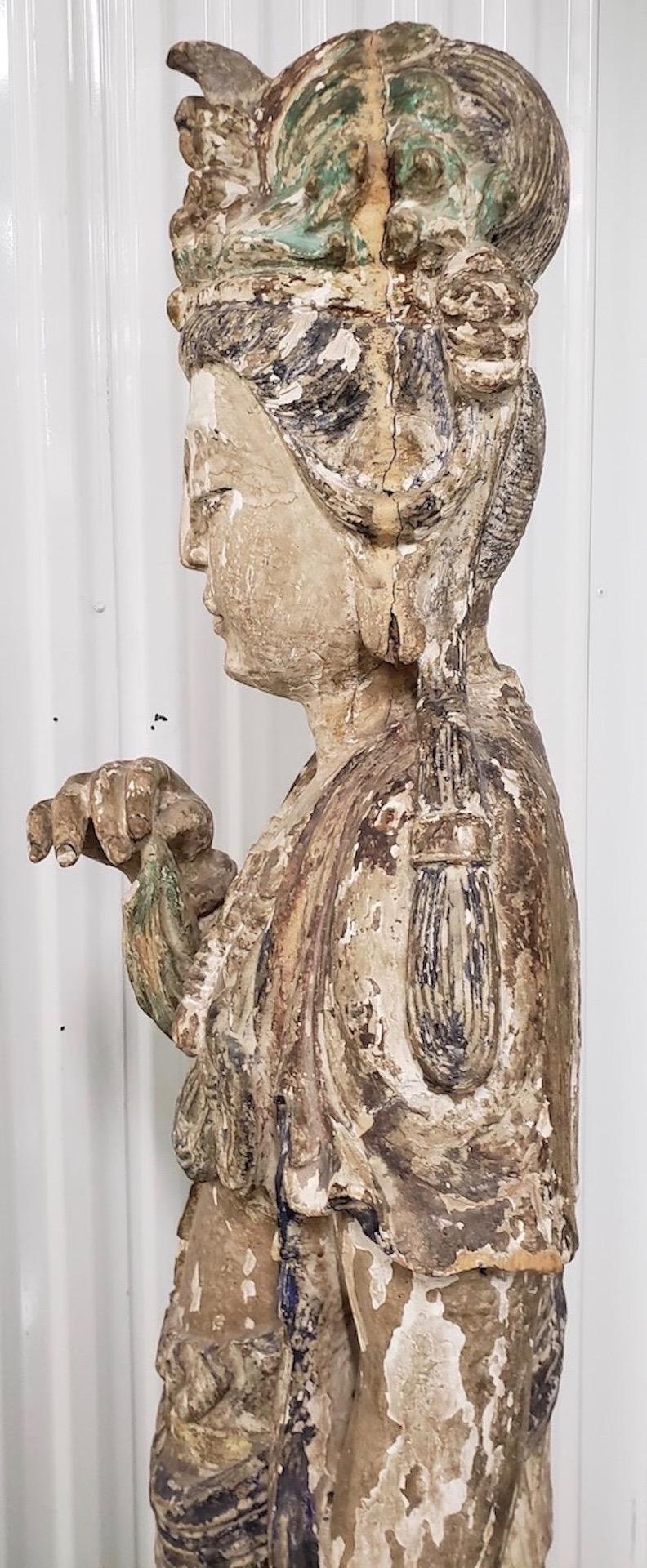 Wood Chinese Carved and Painted Quan Yin Figure, 19th Century For Sale