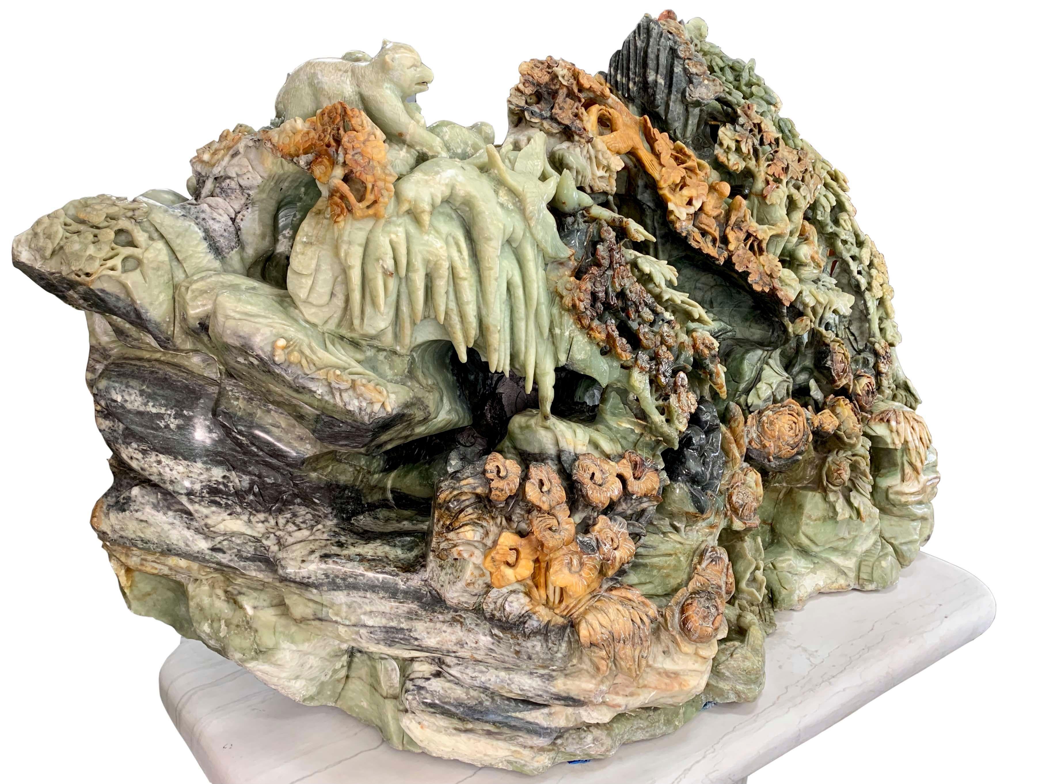 Monumental Chinese Carved Serpentine Mountain Sculpture For Sale 13
