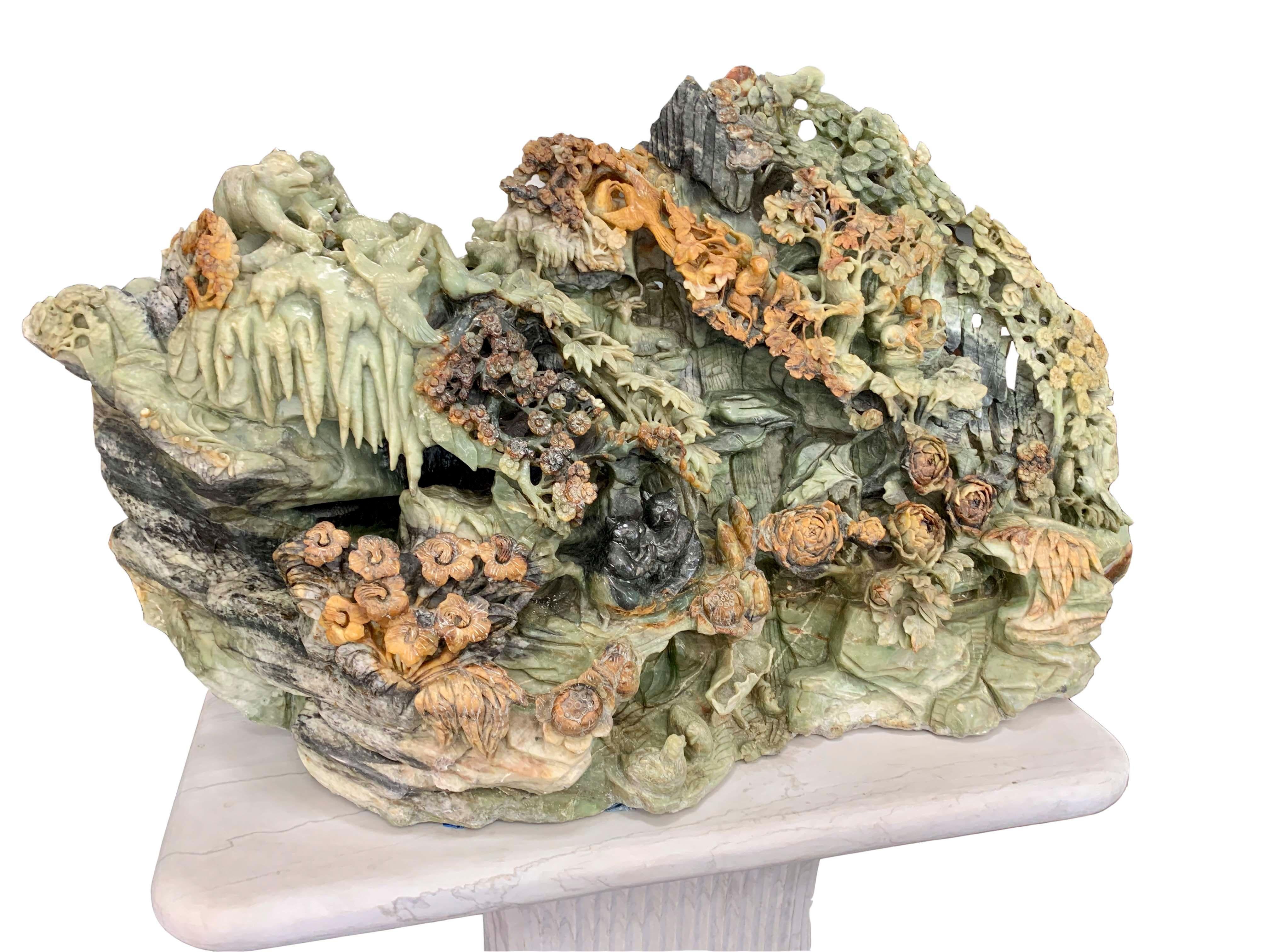 Monumental Chinese Carved Serpentine Mountain Sculpture For Sale 4
