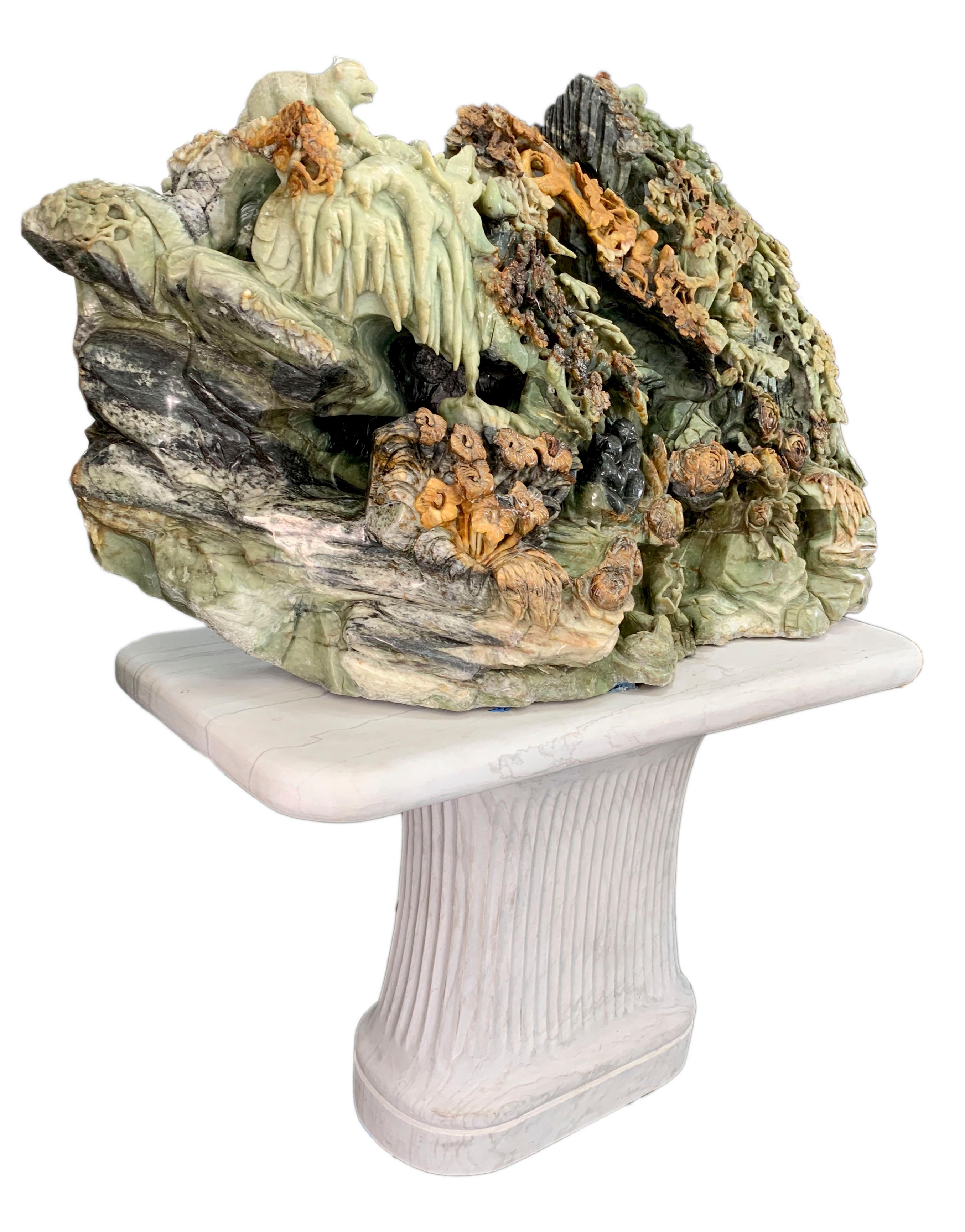 Hand-Carved Monumental Chinese Carved Serpentine Mountain Sculpture For Sale