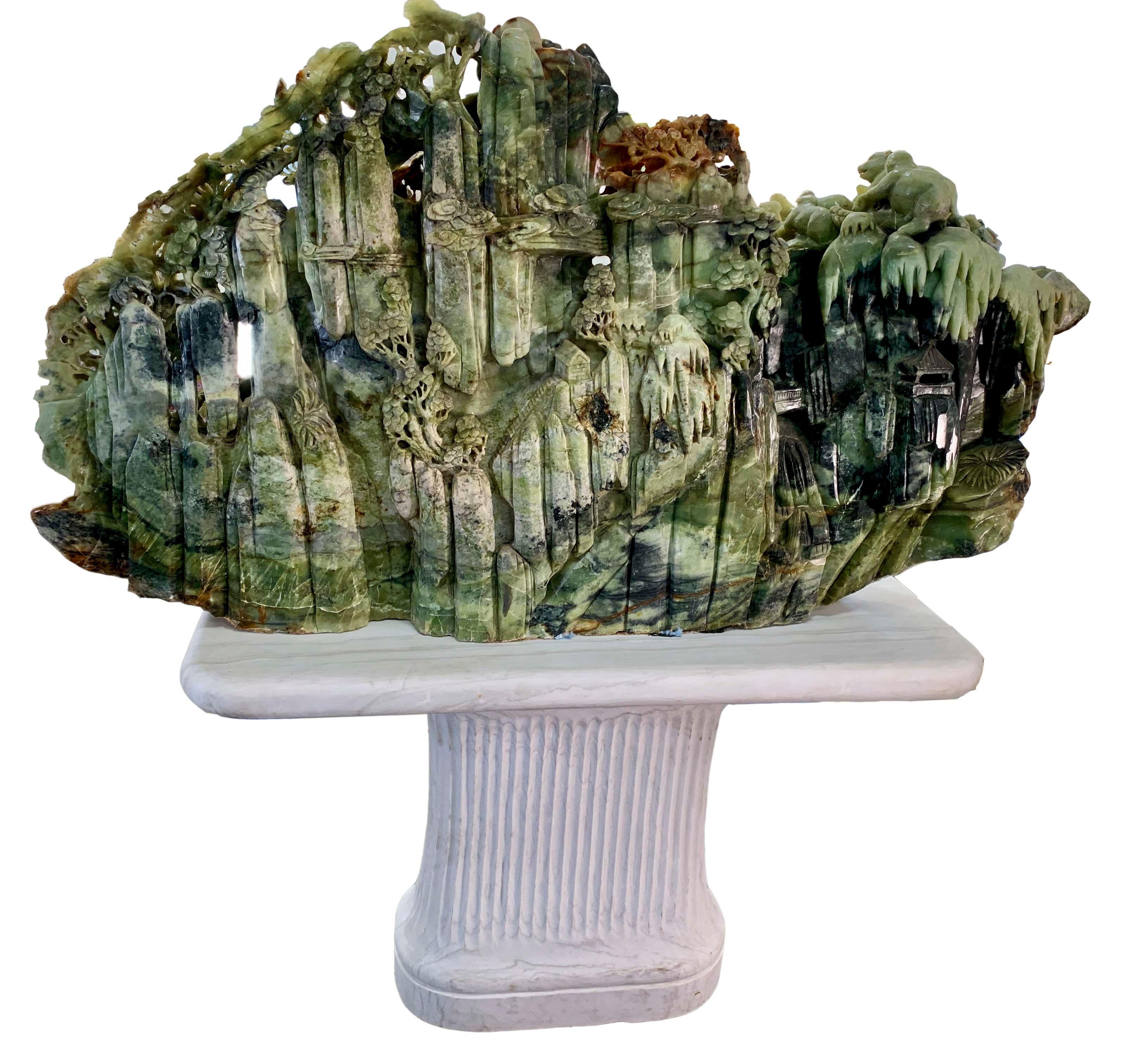 Monumental Chinese Carved Serpentine Mountain Sculpture For Sale 2